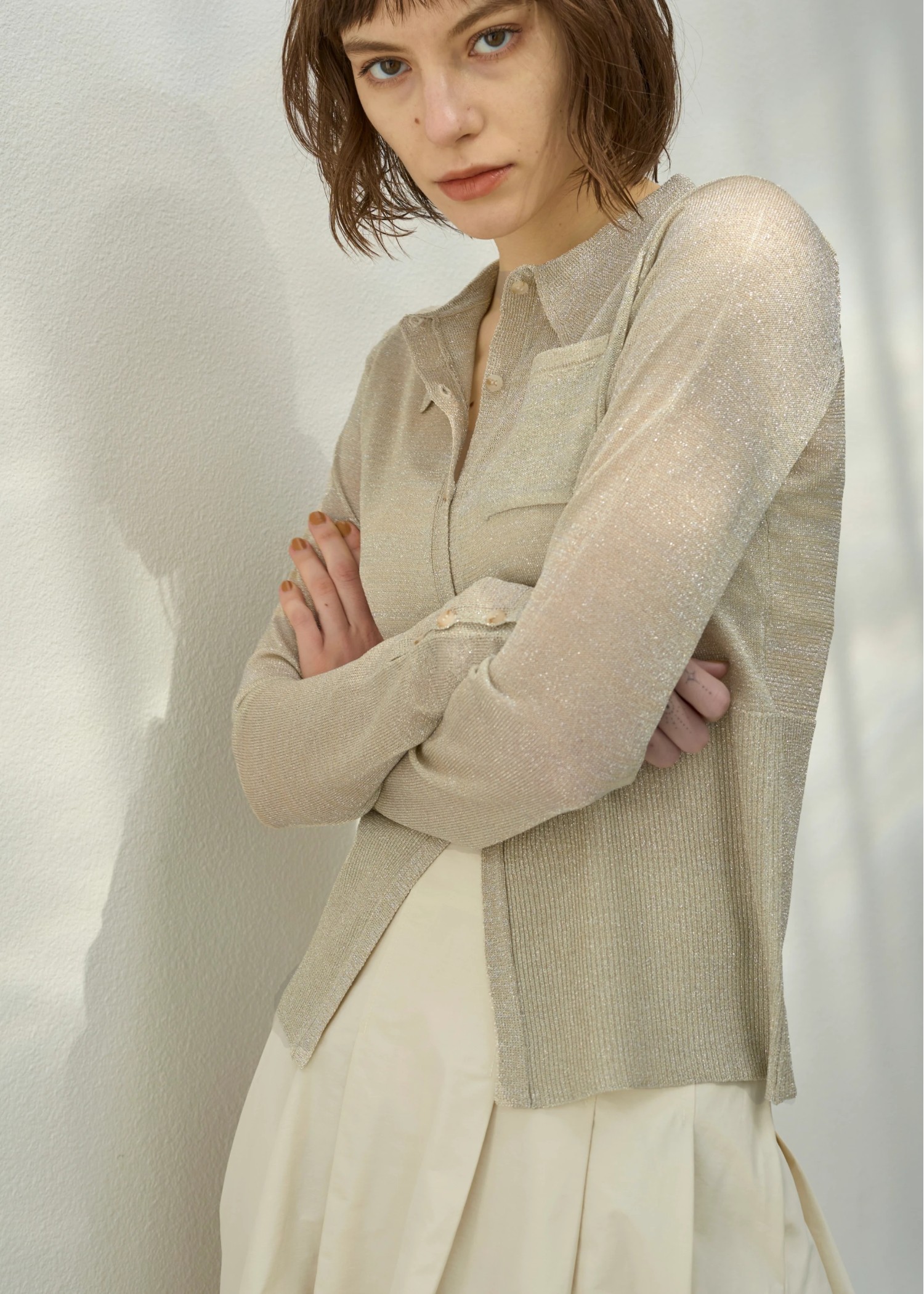 sheer lame deep slit shirt knit