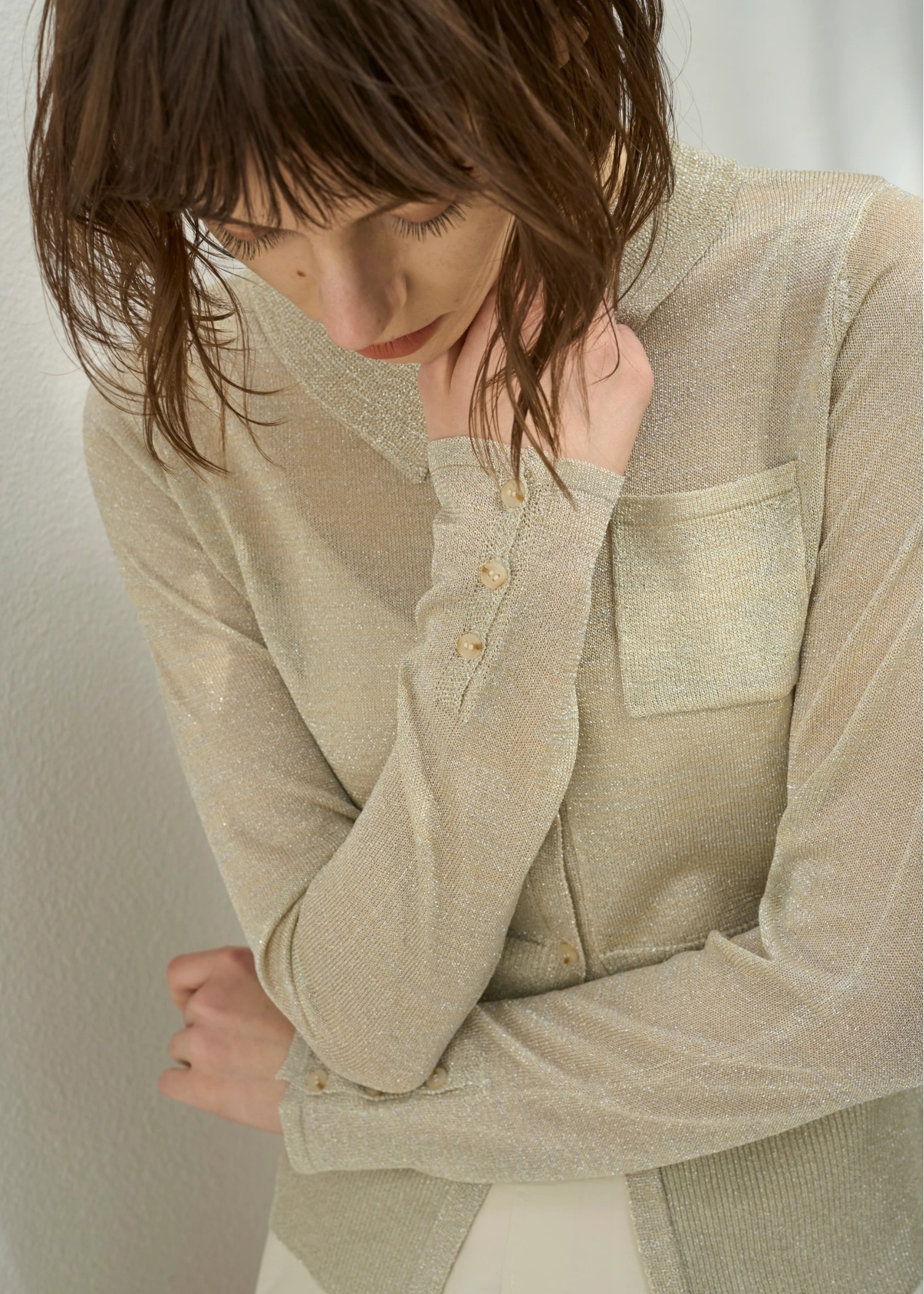 sheer lame deep slit shirt knit