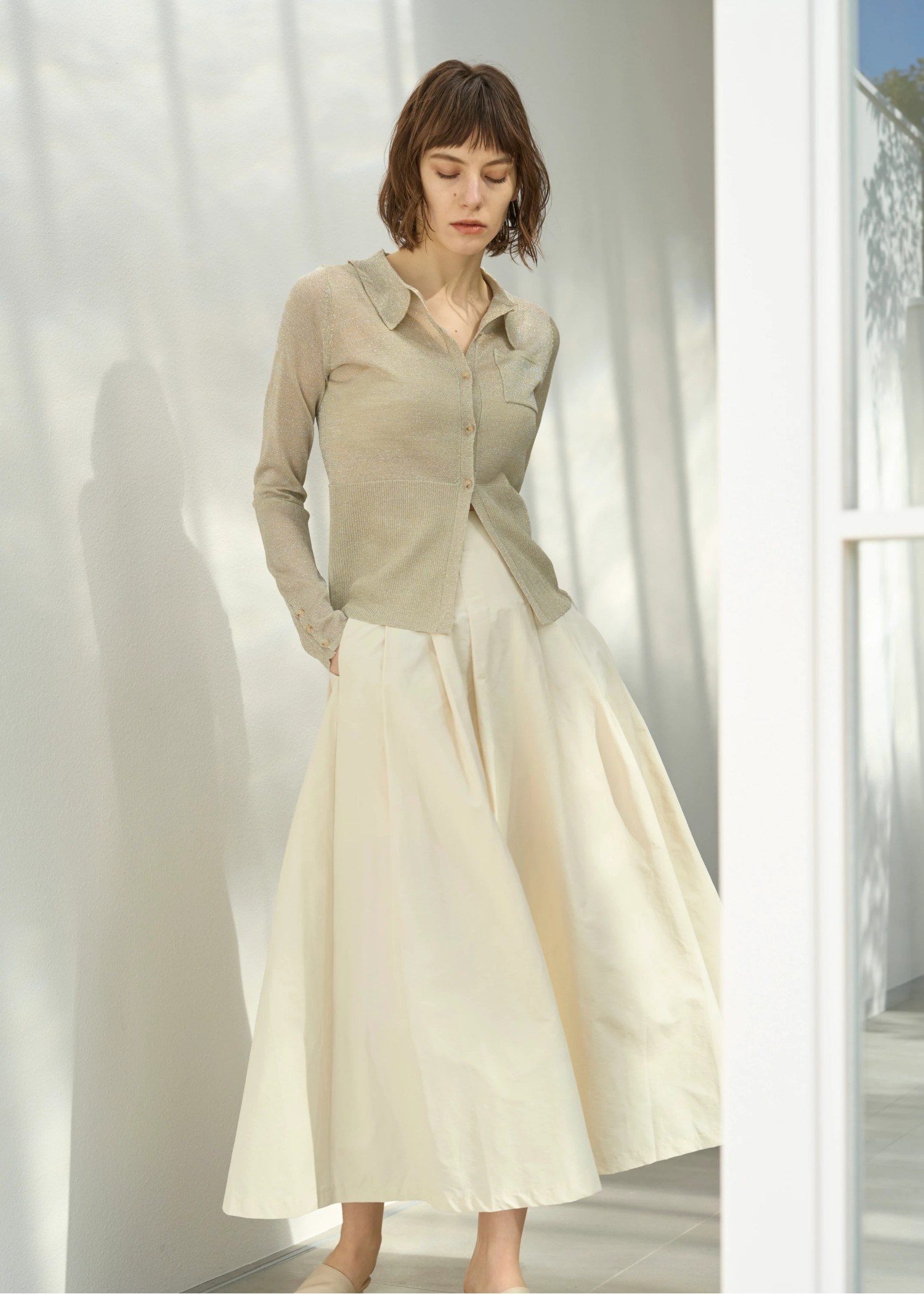 sheer lame deep slit shirt knit