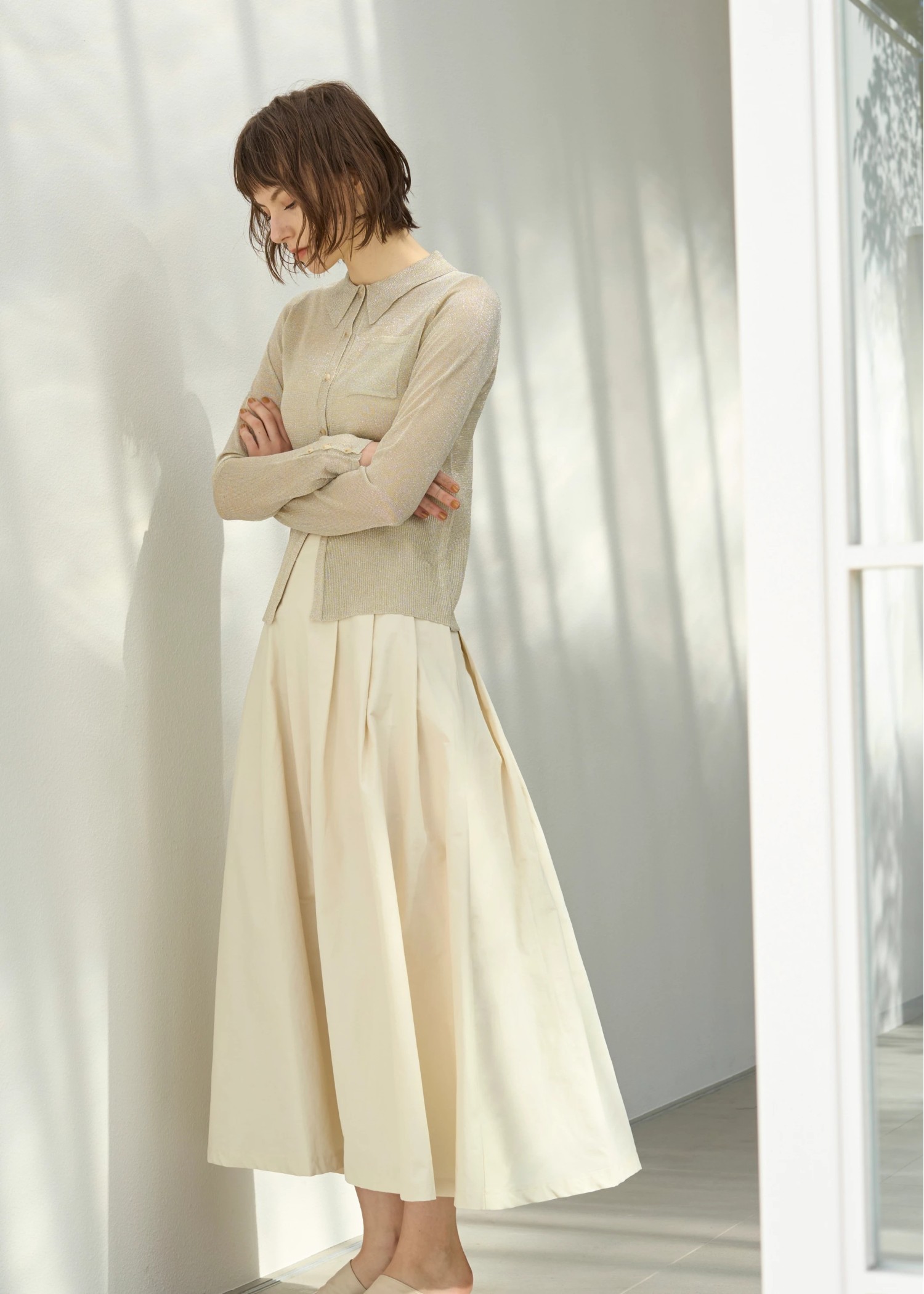 sheer lame deep slit shirt knit