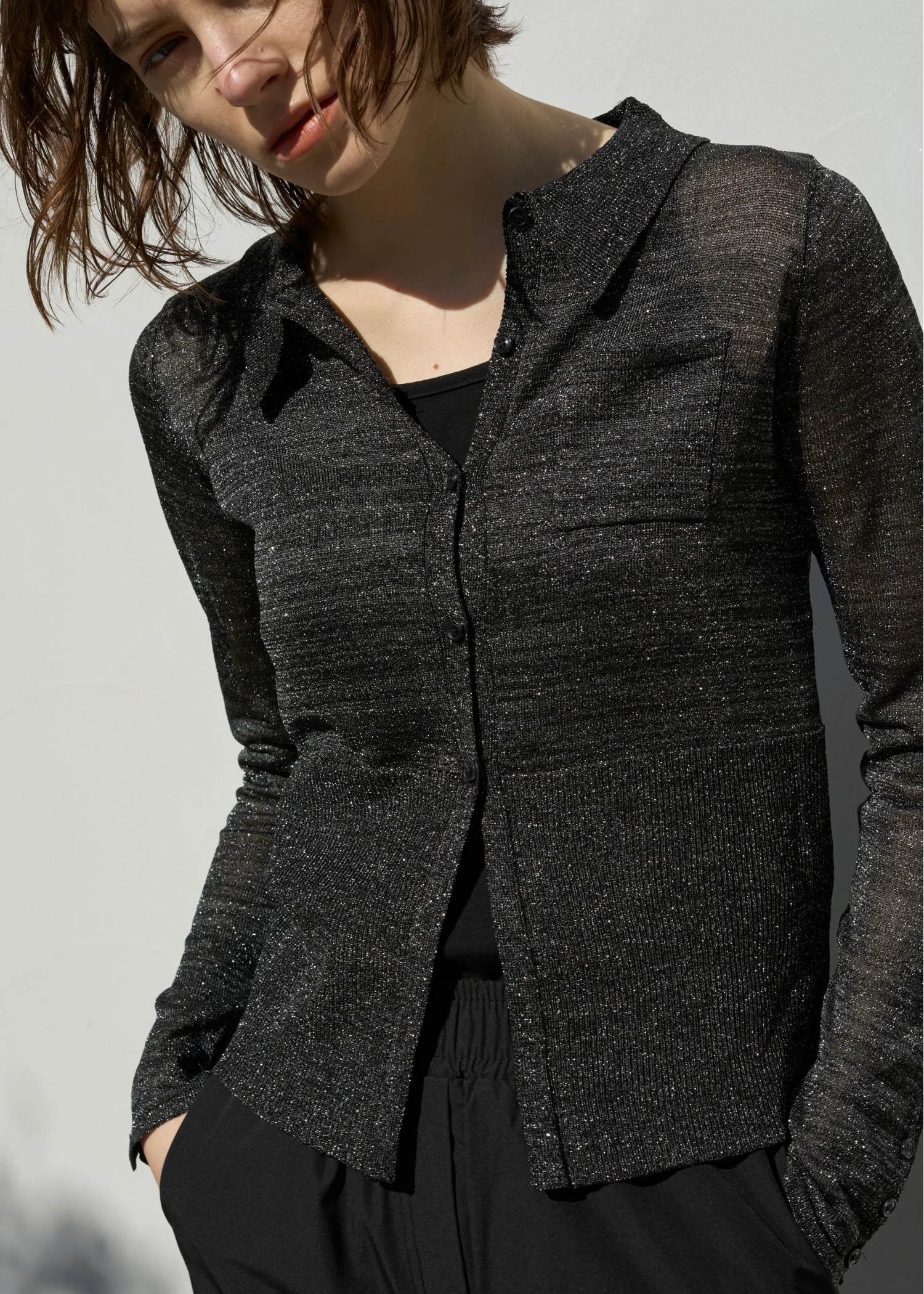 sheer lame deep slit shirt knit