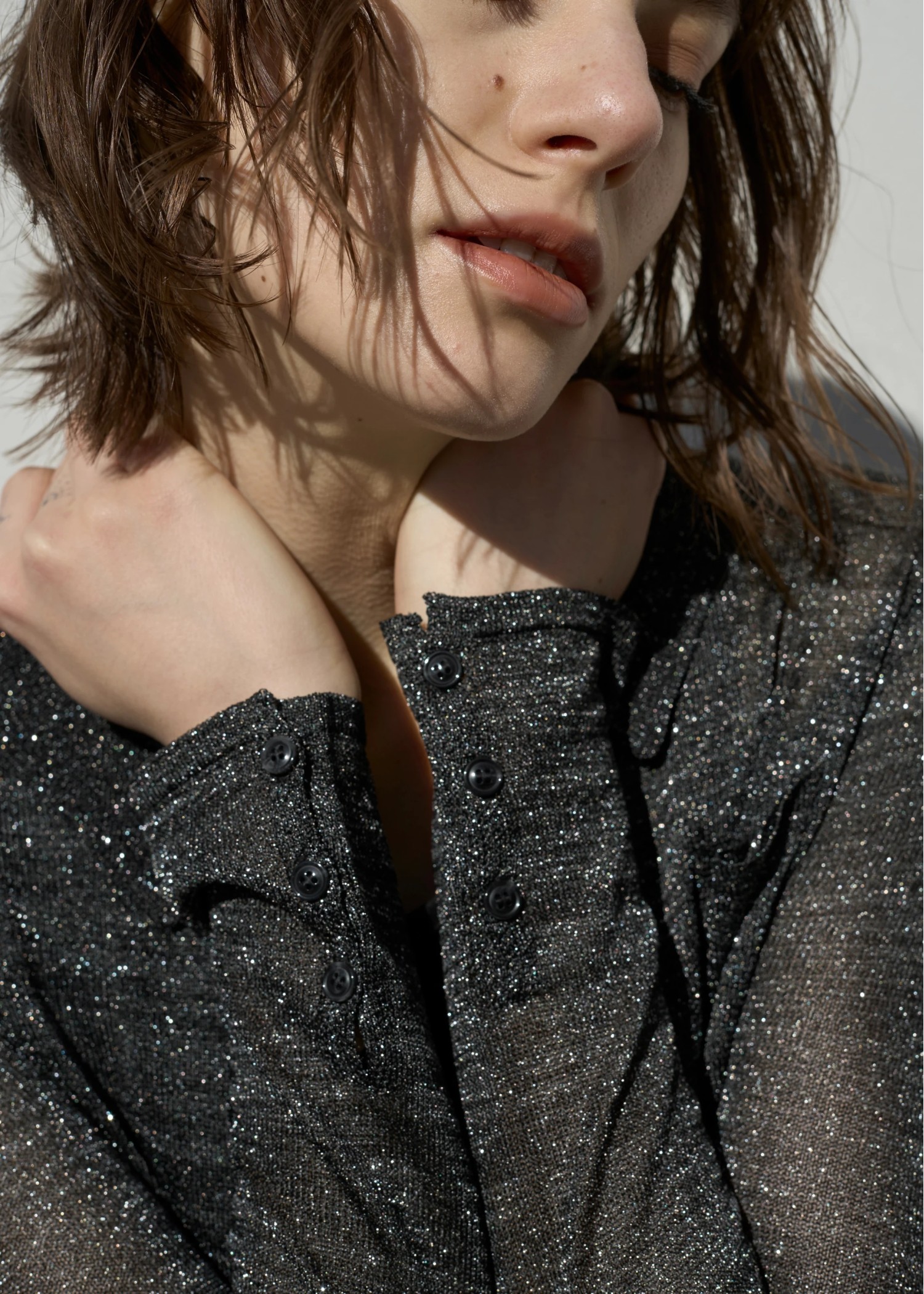 sheer lame deep slit shirt knit