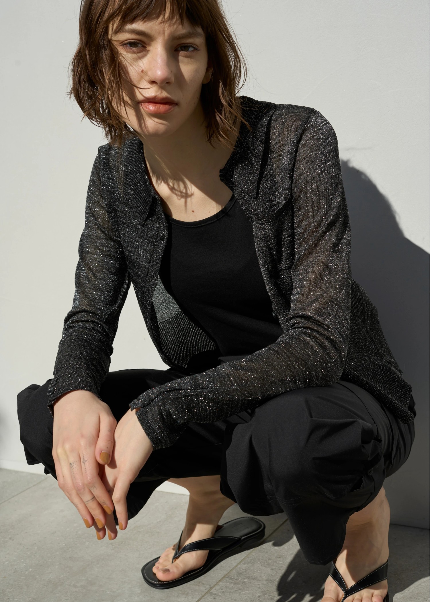 sheer lame deep slit shirt knit