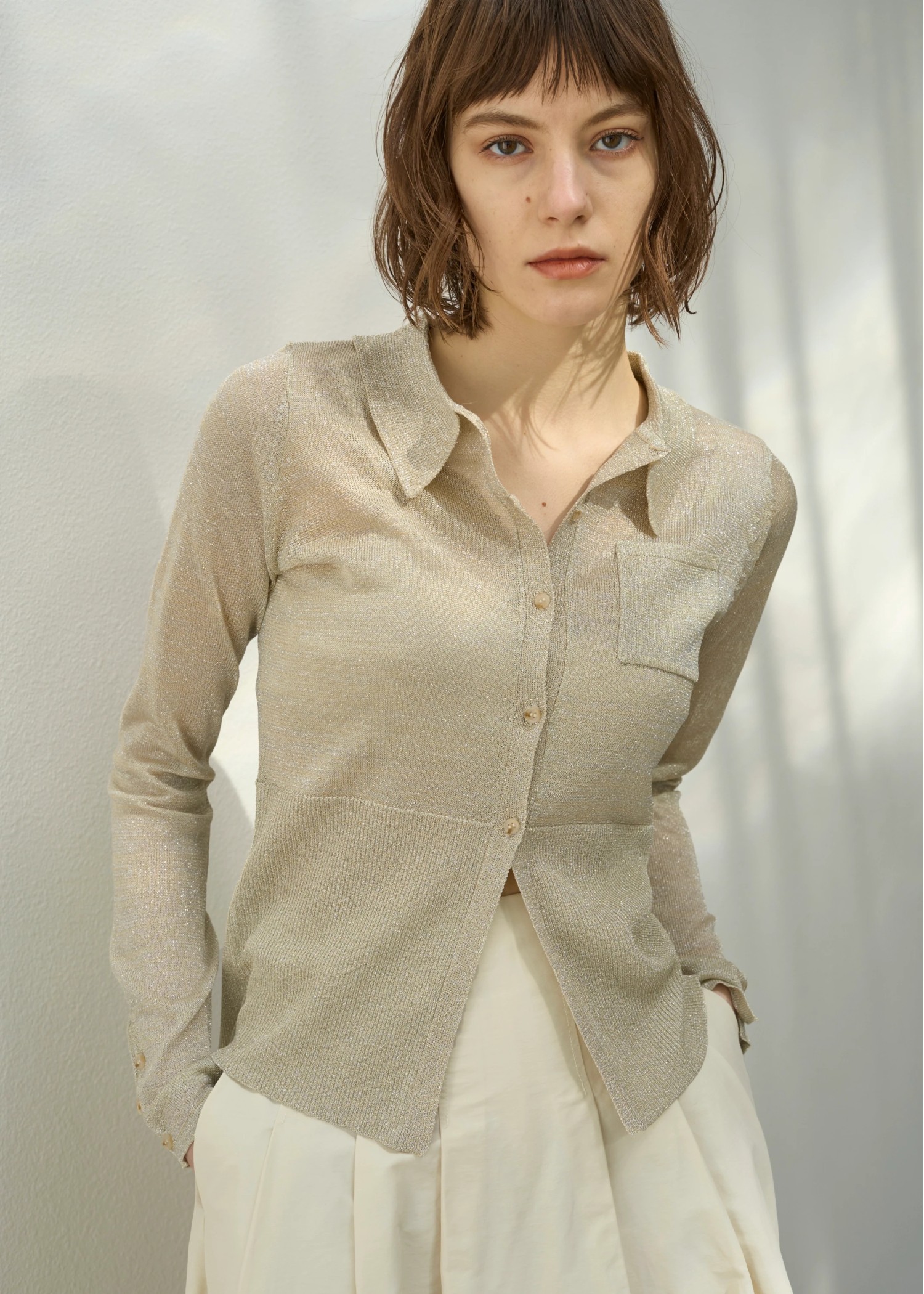 sheer lame deep slit shirt knit