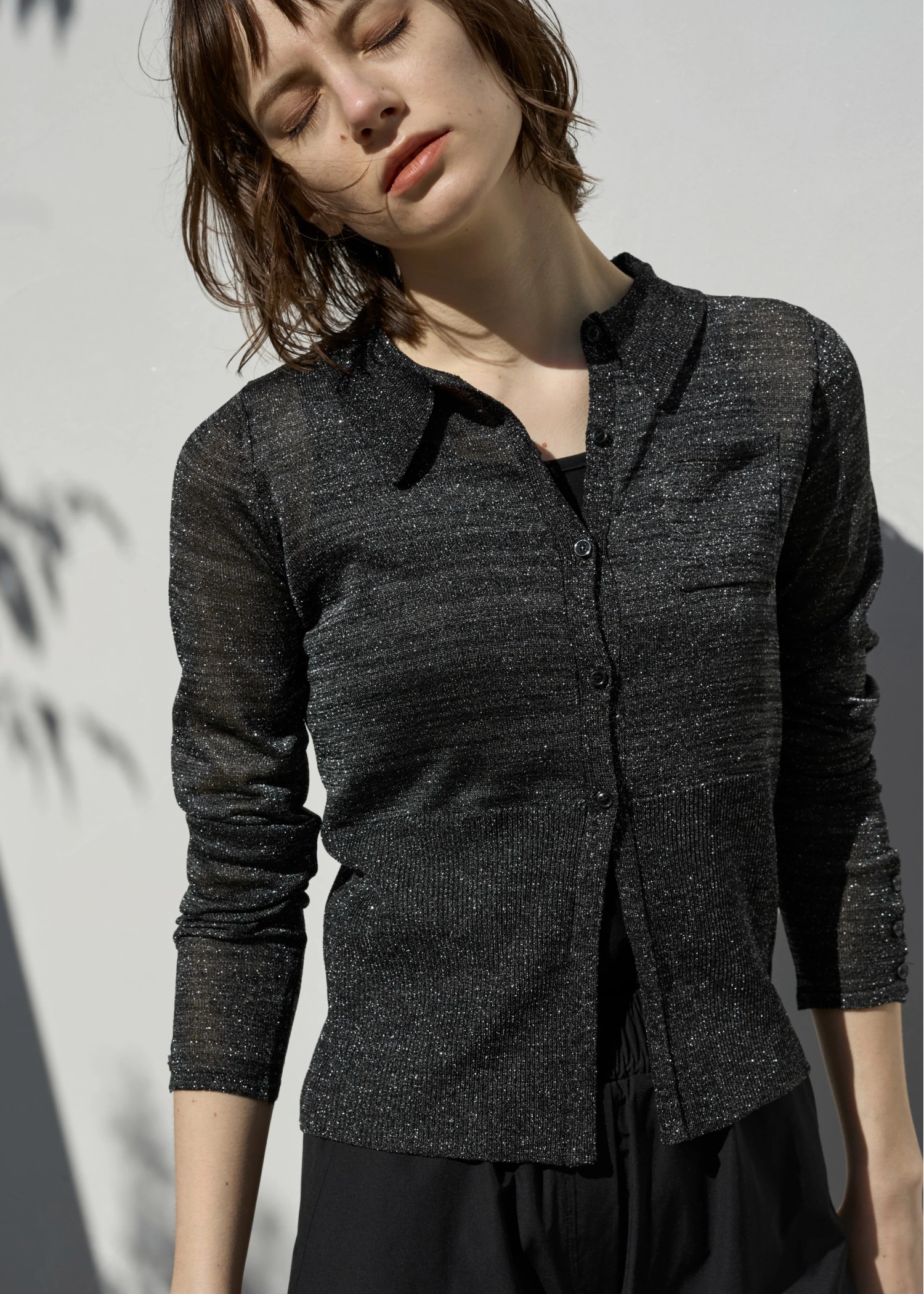 sheer lame deep slit shirt knit