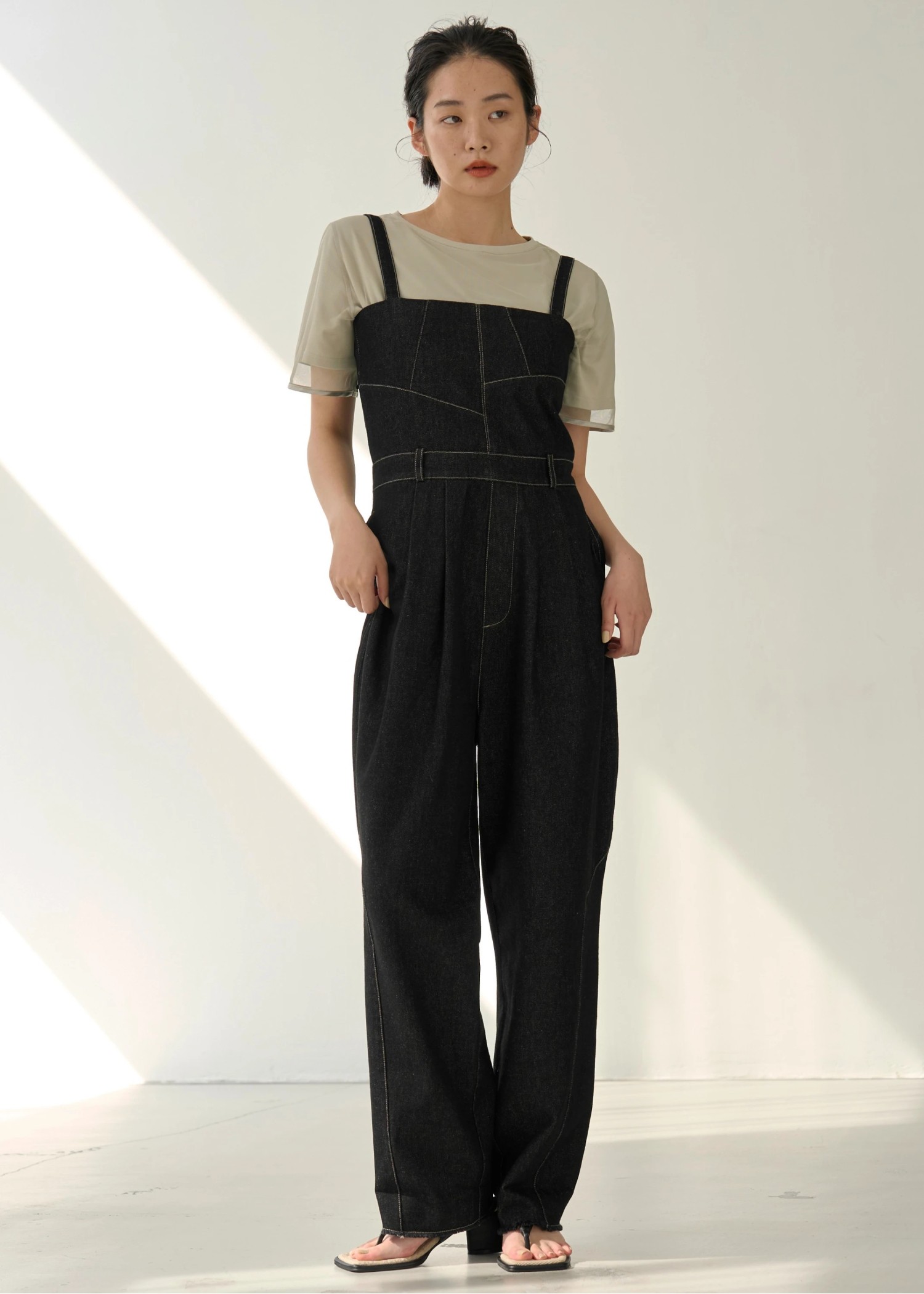 asymmetry patchwork denim all-in-one