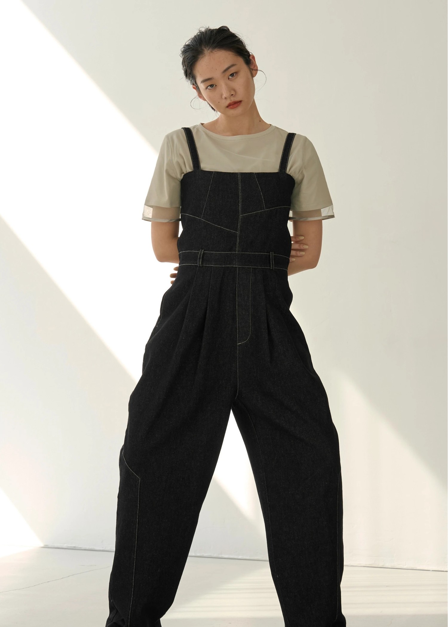 asymmetry patchwork denim all-in-one