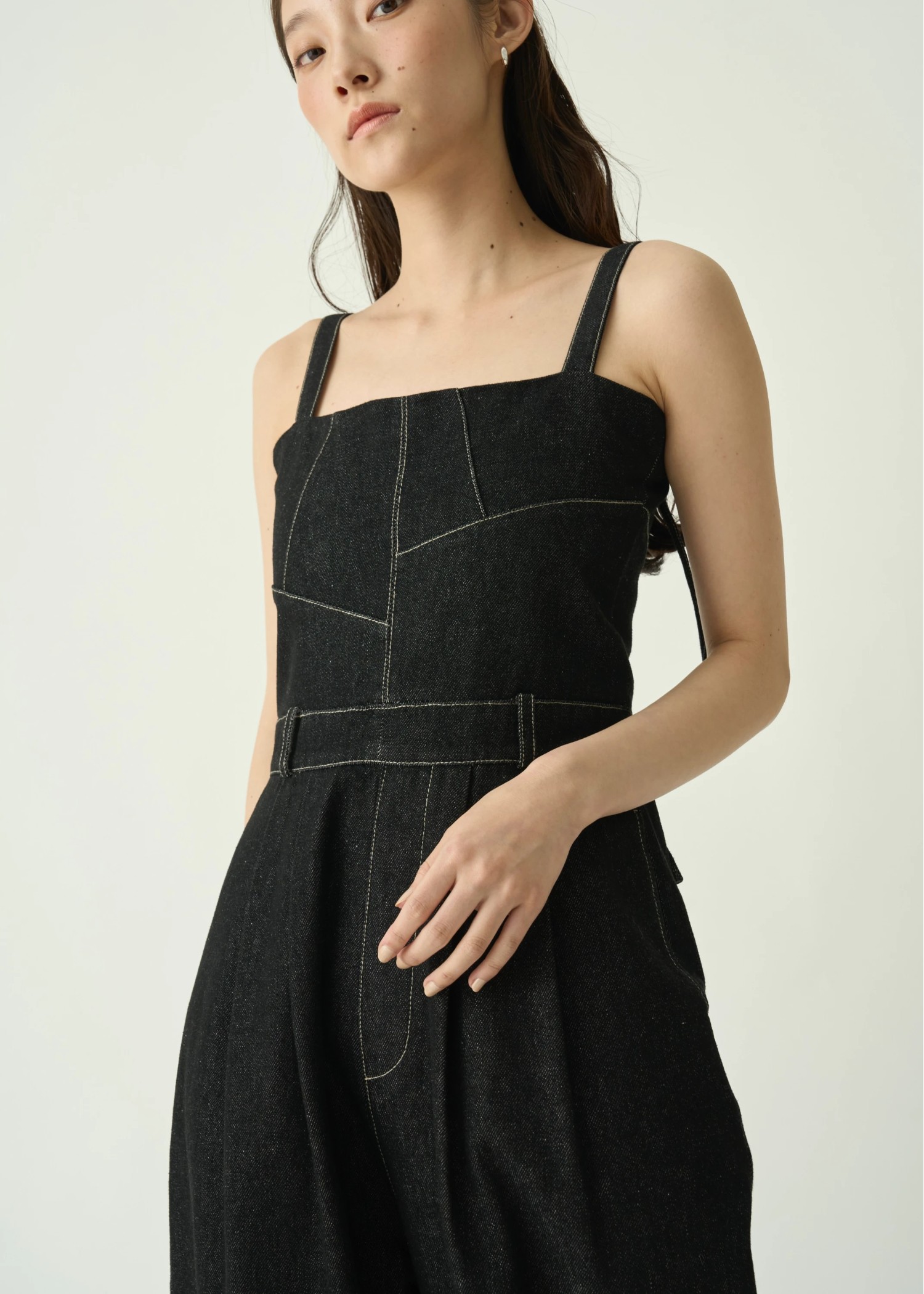 asymmetry patchwork denim all-in-one