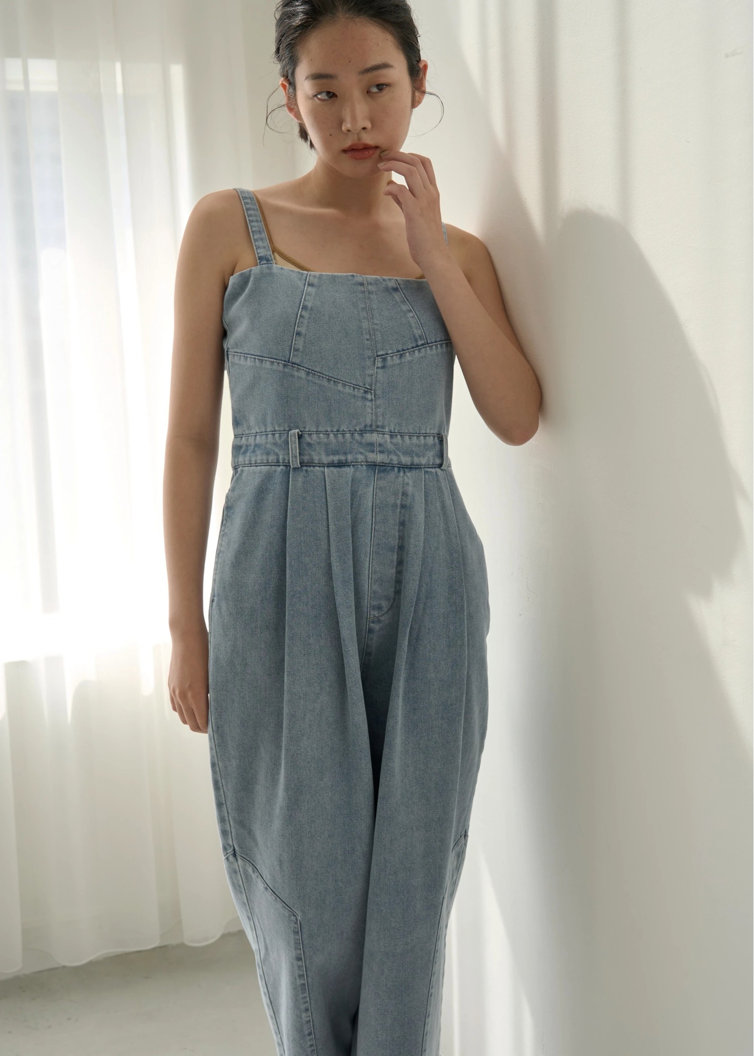 asymmetry patchwork denim all-in-one