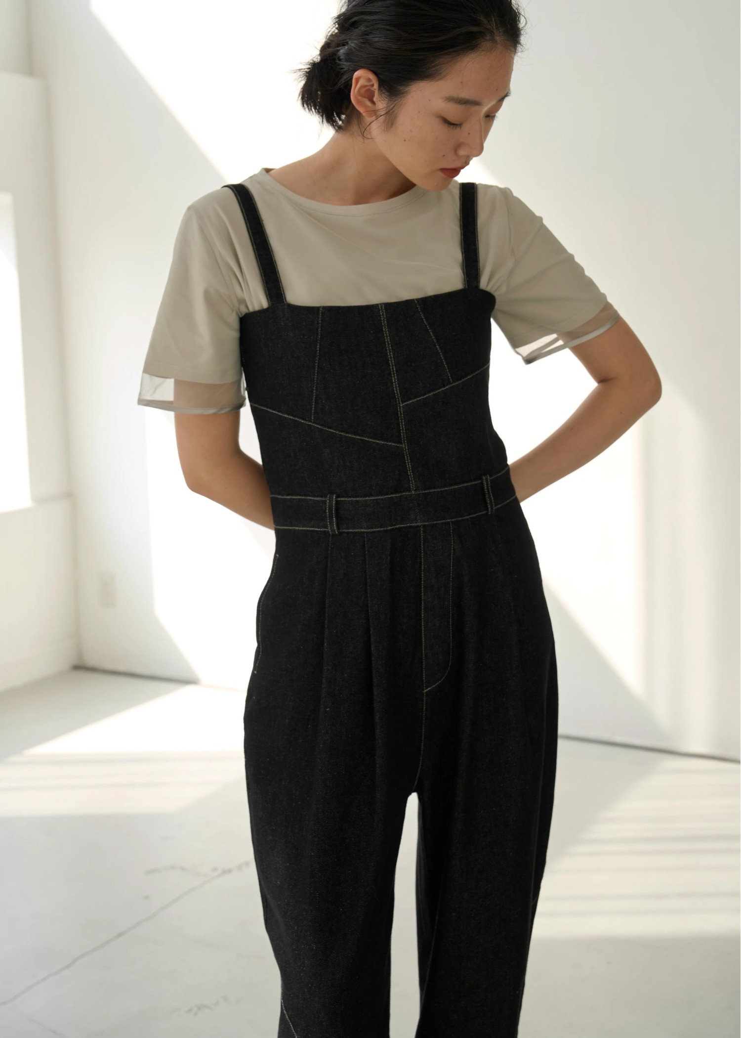 asymmetry patchwork denim all-in-one
