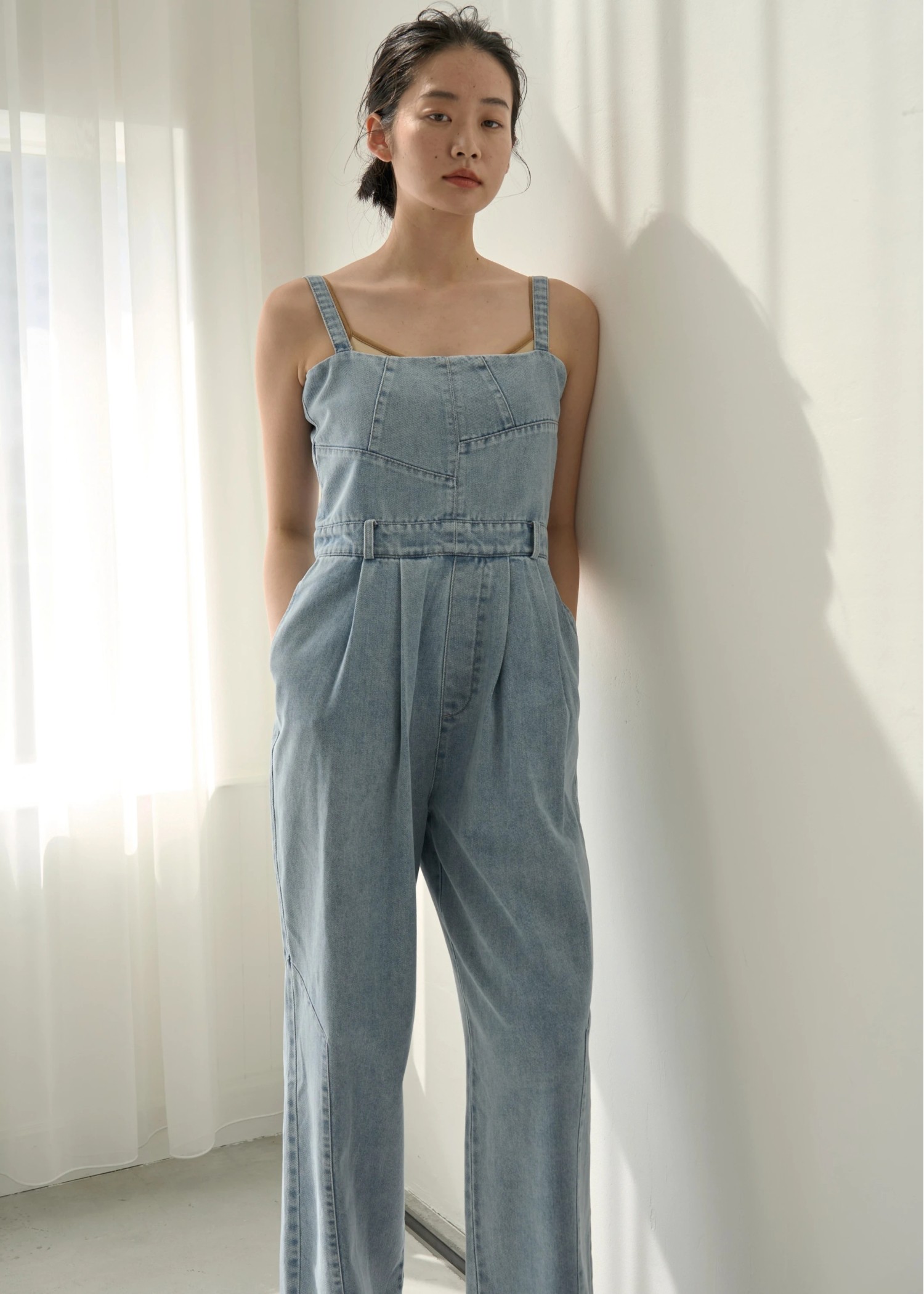 asymmetry patchwork denim all-in-one