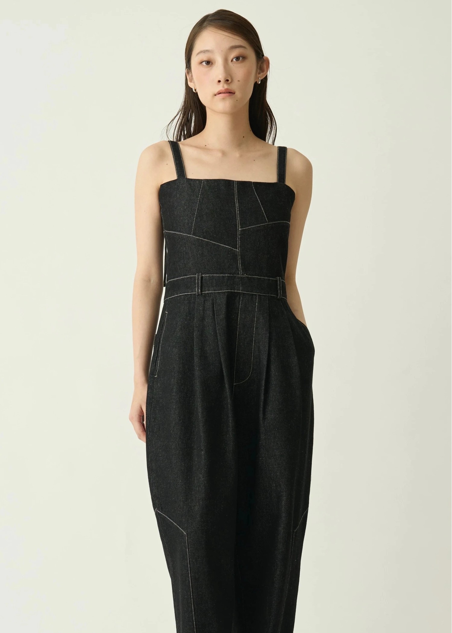 asymmetry patchwork denim all-in-one