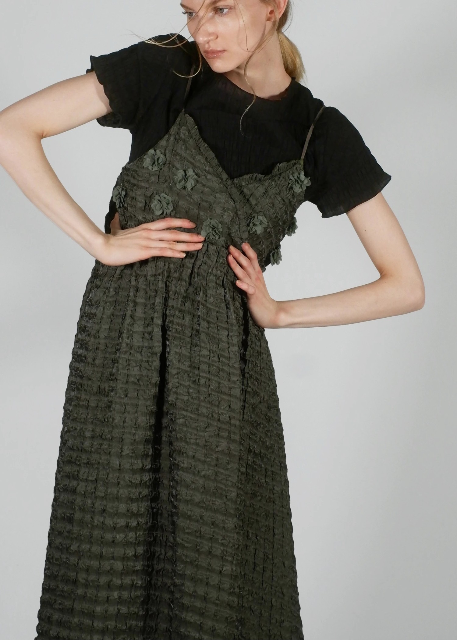 flower motif waist rubber tuck cami OP