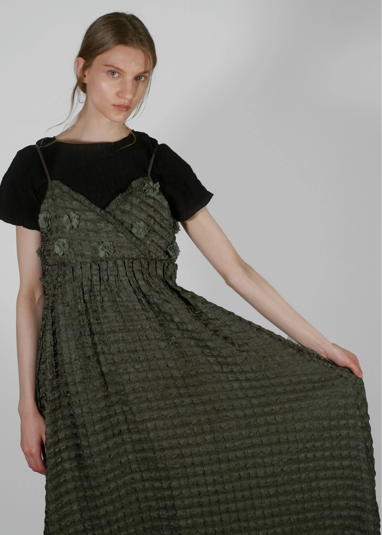 flower motif waist rubber tuck cami OP