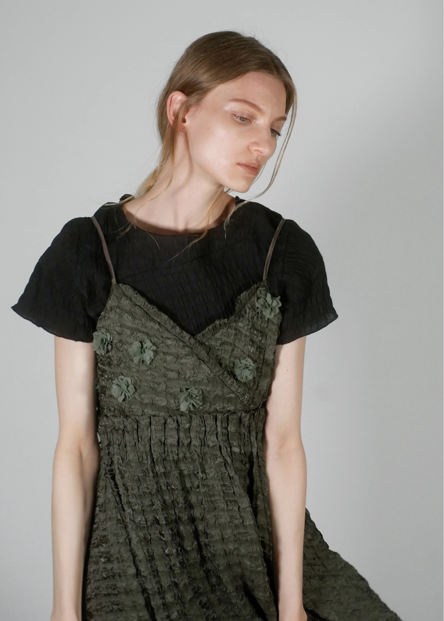 flower motif waist rubber tuck cami OP