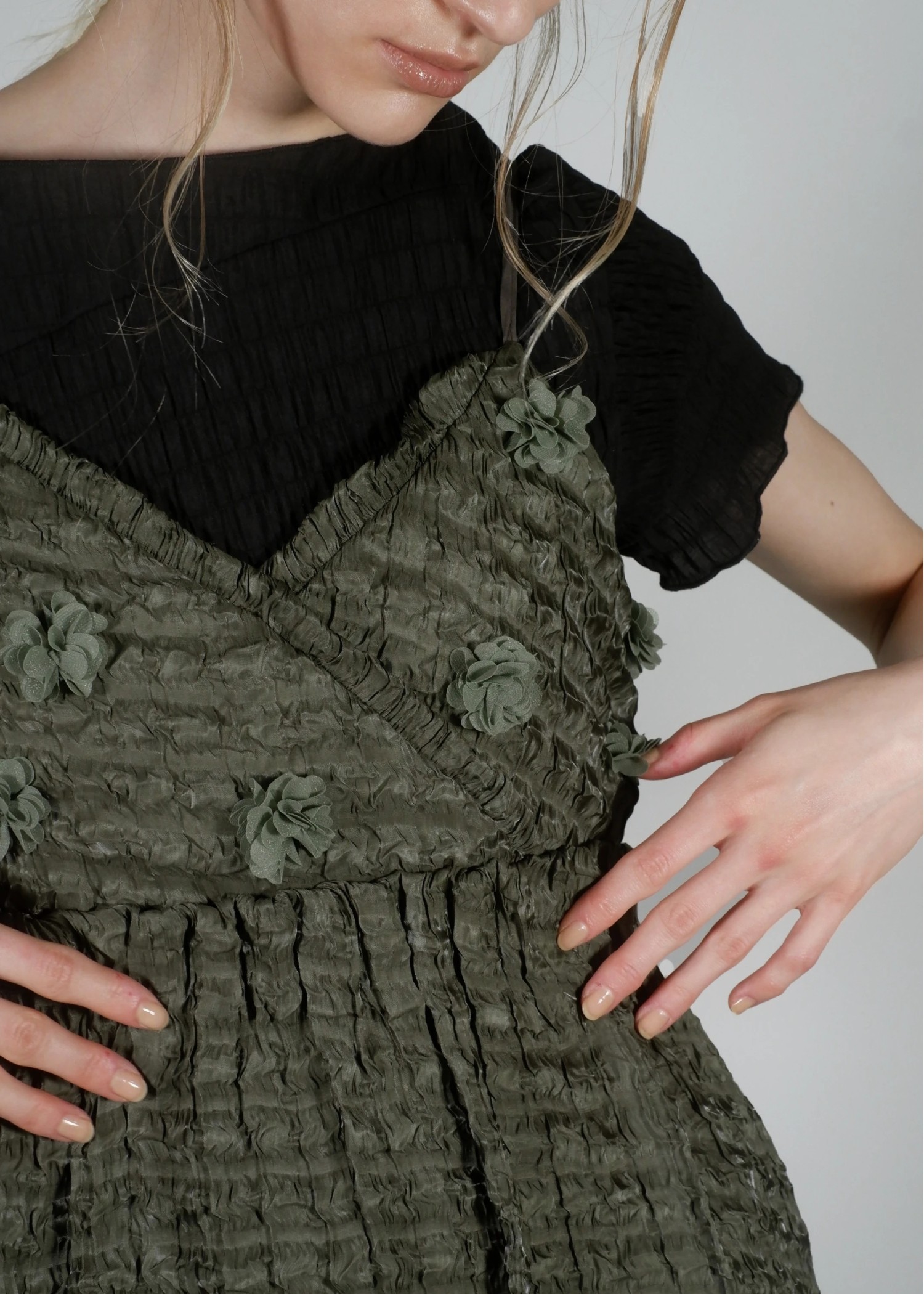 flower motif waist rubber tuck cami OP