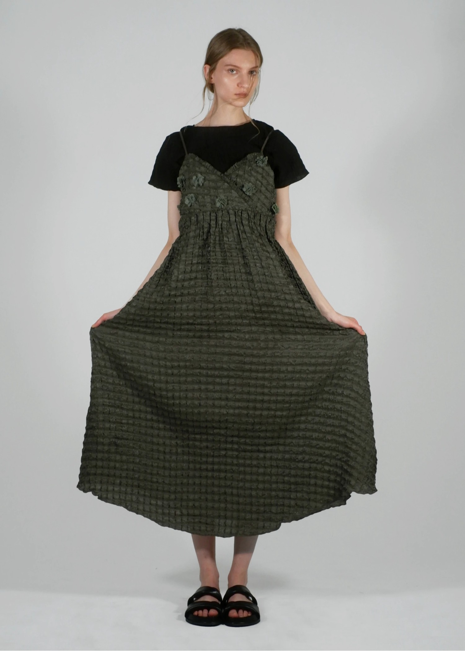 flower motif waist rubber tuck cami OP