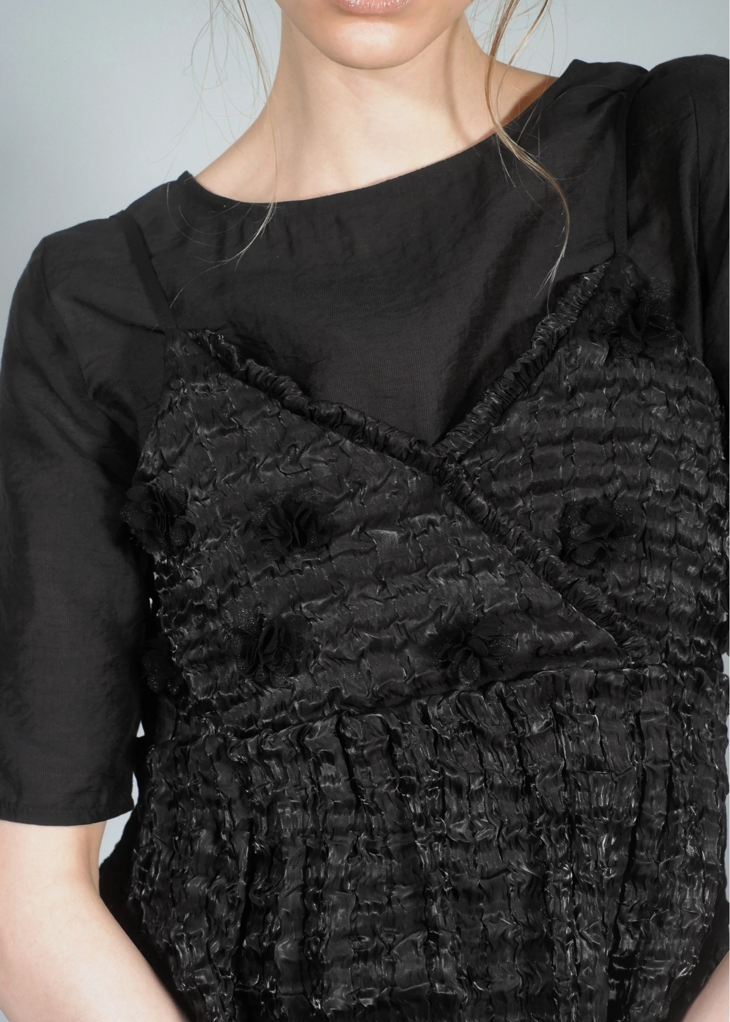 flower motif waist rubber tuck cami OP