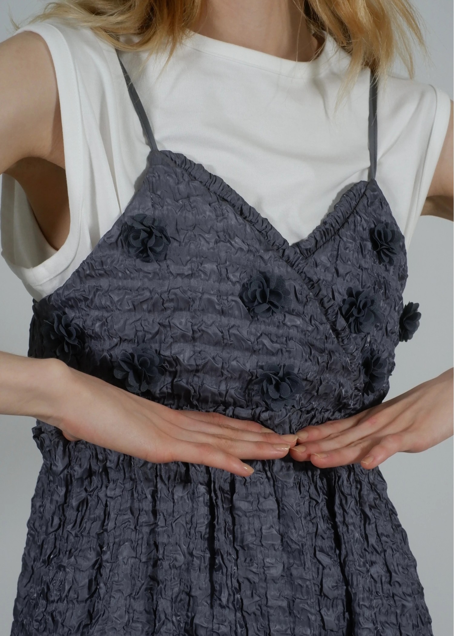 flower motif waist rubber tuck cami OP