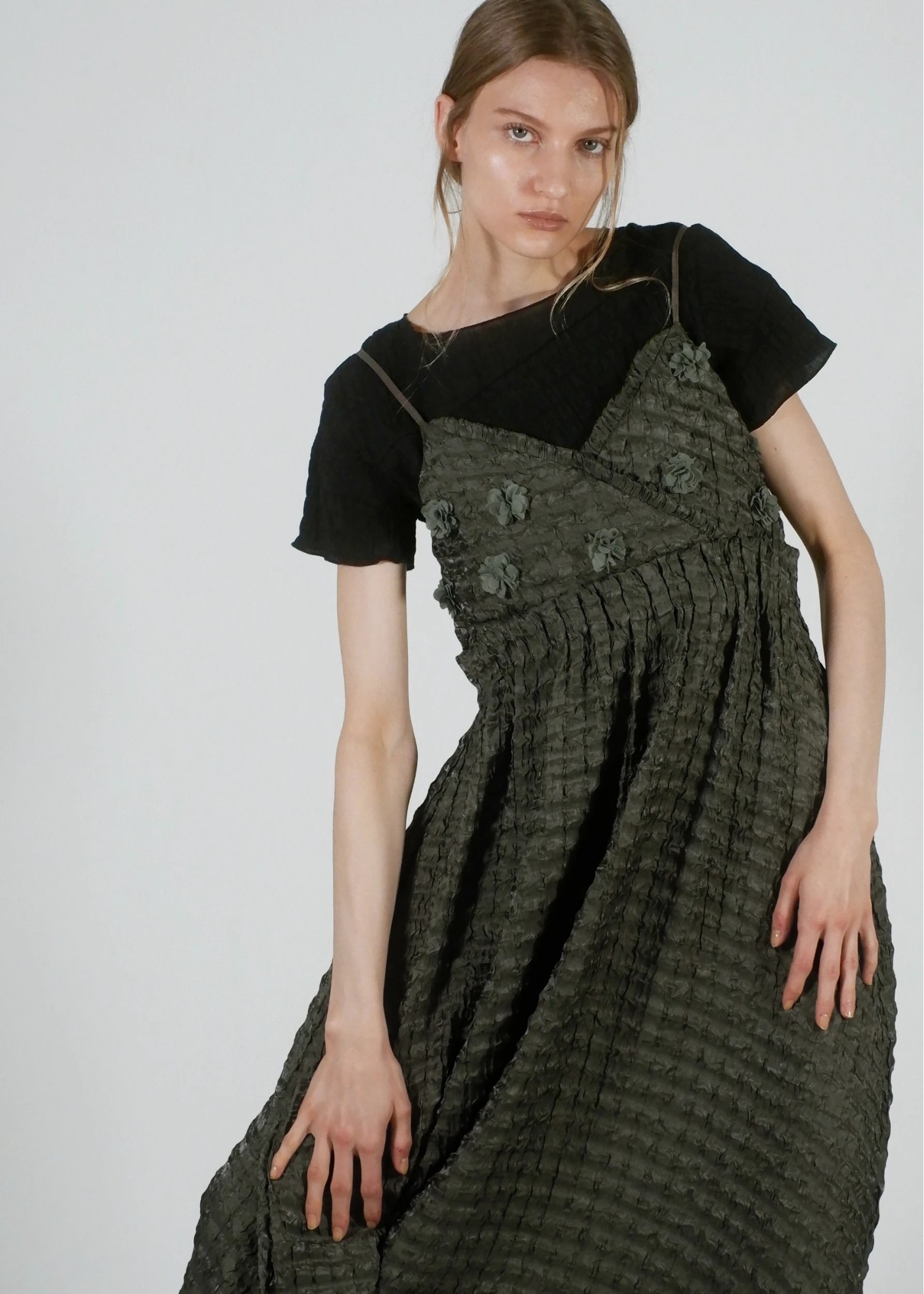 flower motif waist rubber tuck cami OP