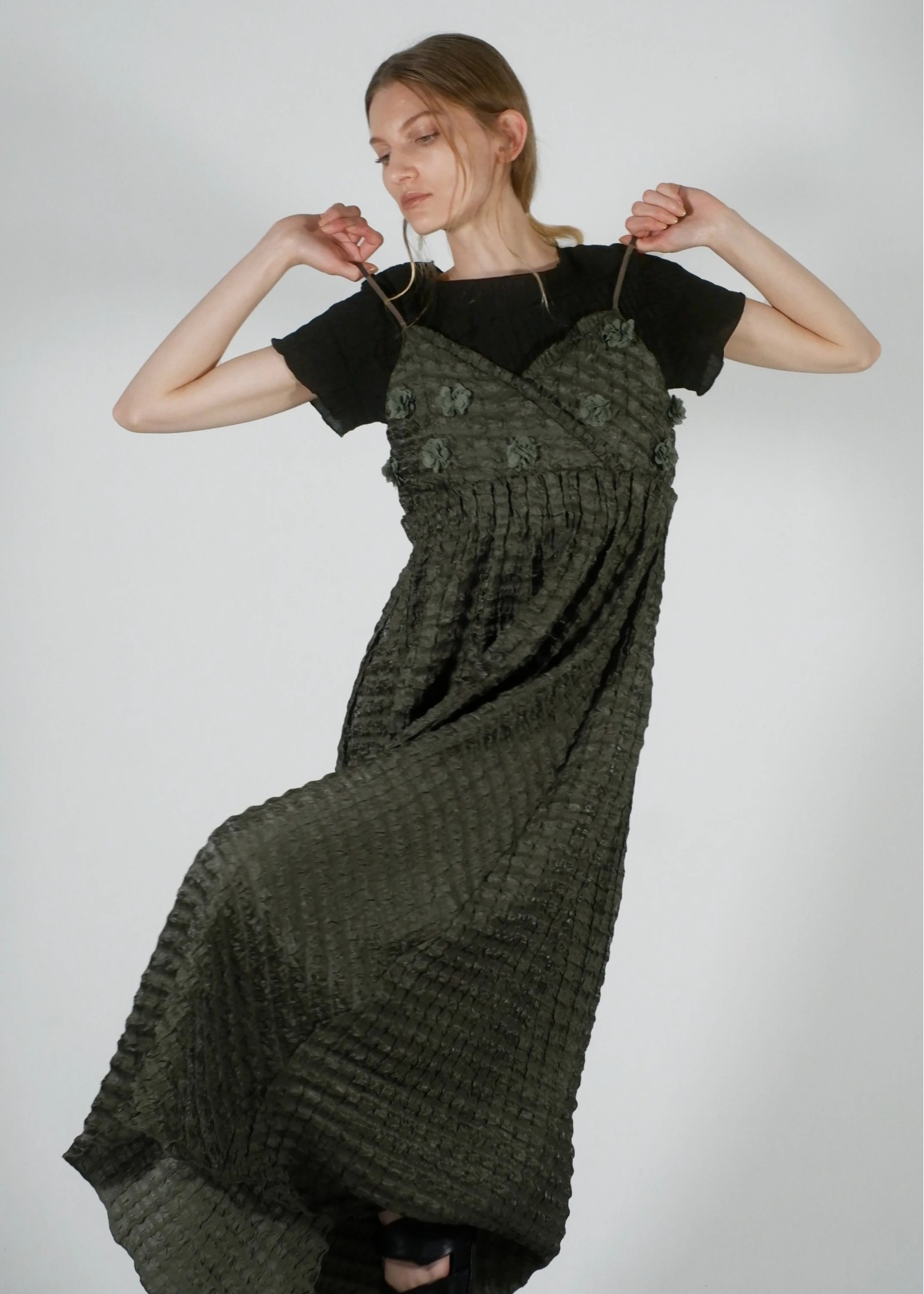 flower motif waist rubber tuck cami OP