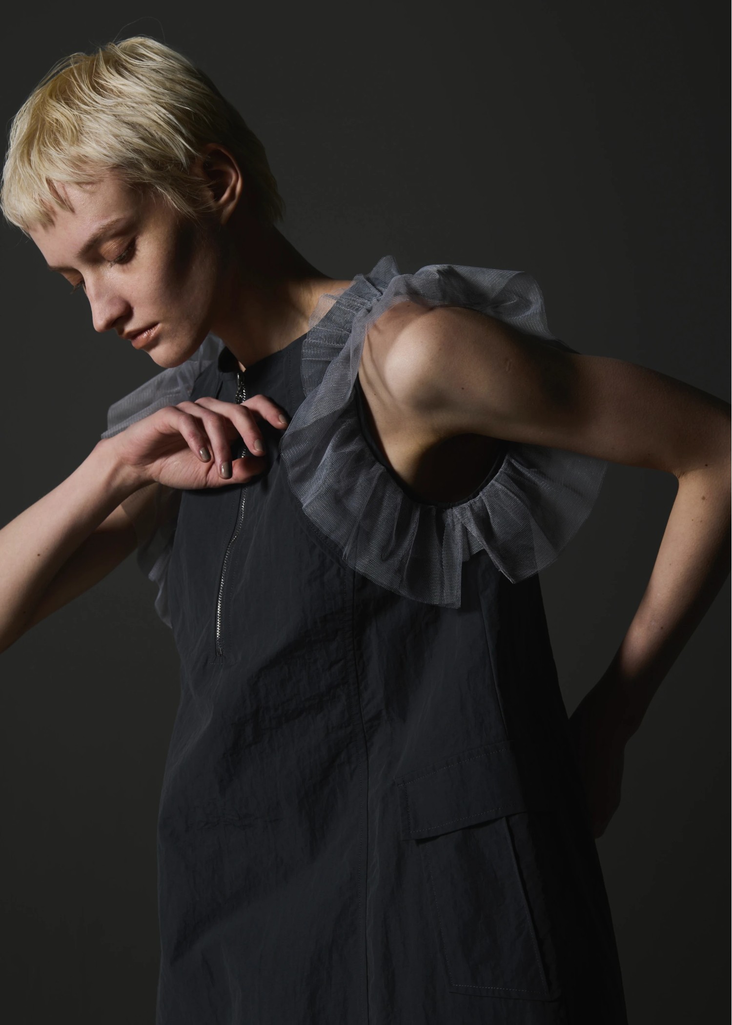 tulle frill no sleeve nylon zip OP