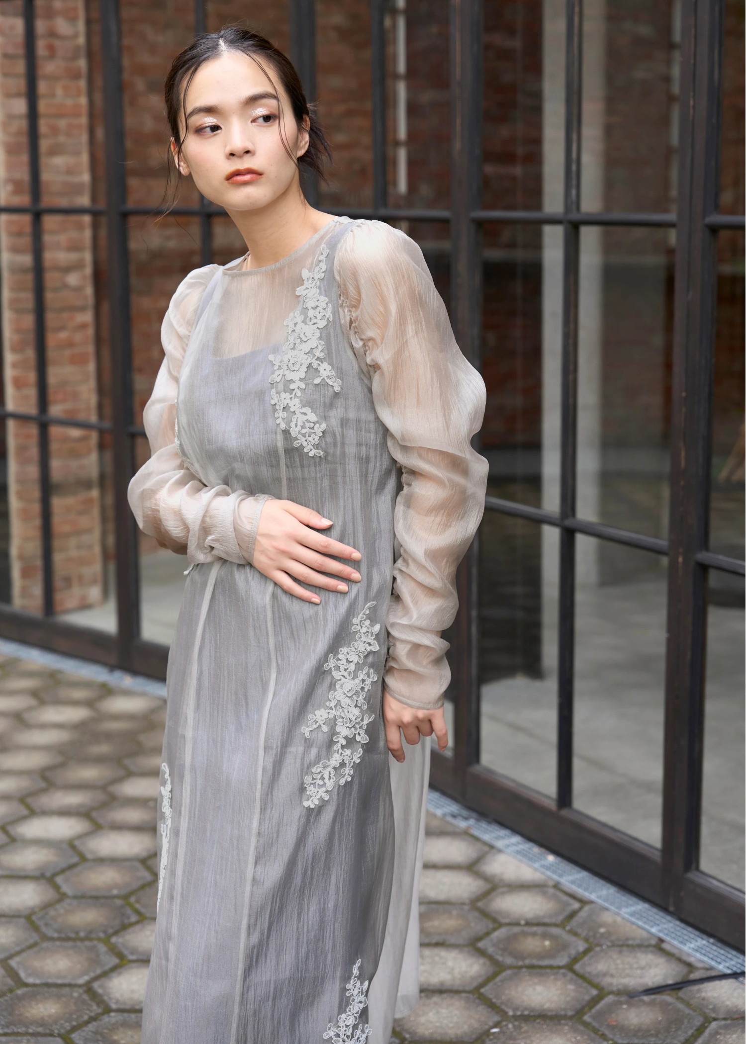 sheer motif lace OP & gather breast tank OP SET