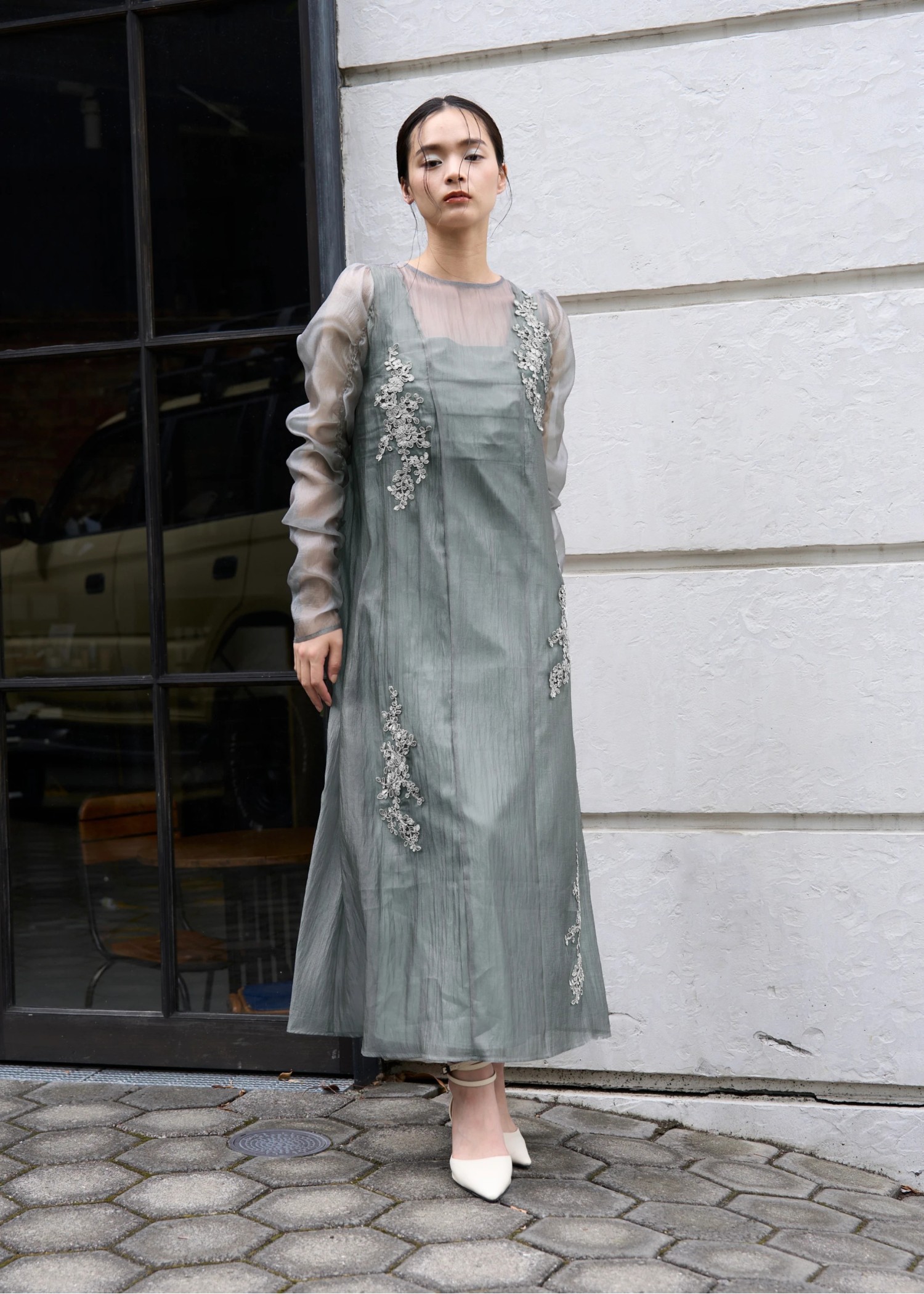 sheer motif lace OP & gather breast tank OP SET