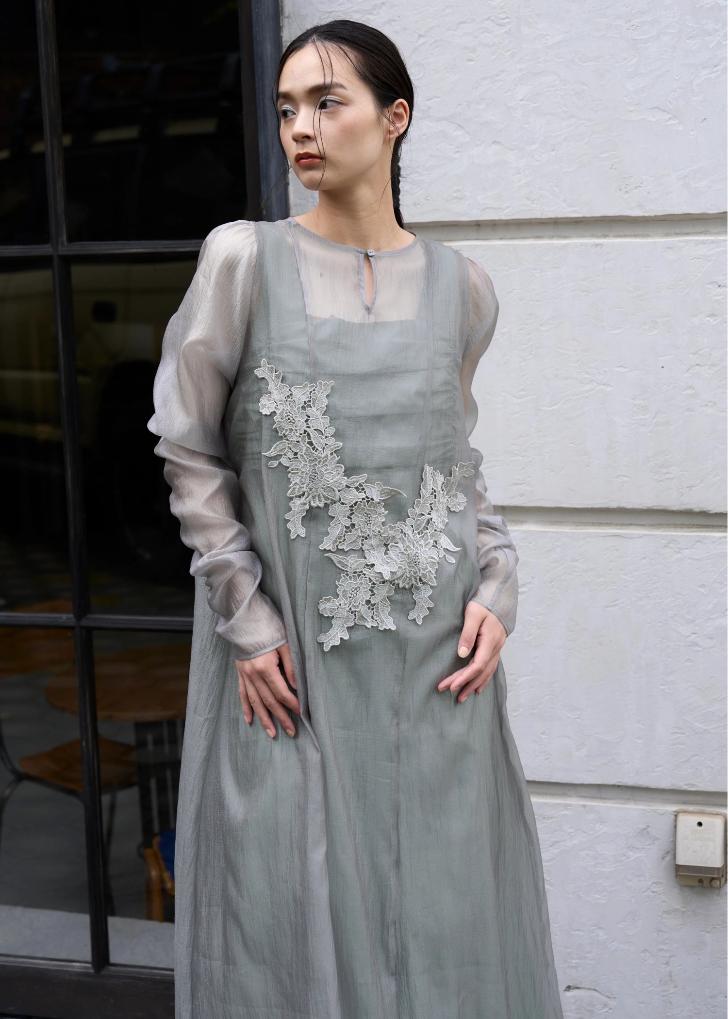 sheer motif lace OP & gather breast tank OP SET