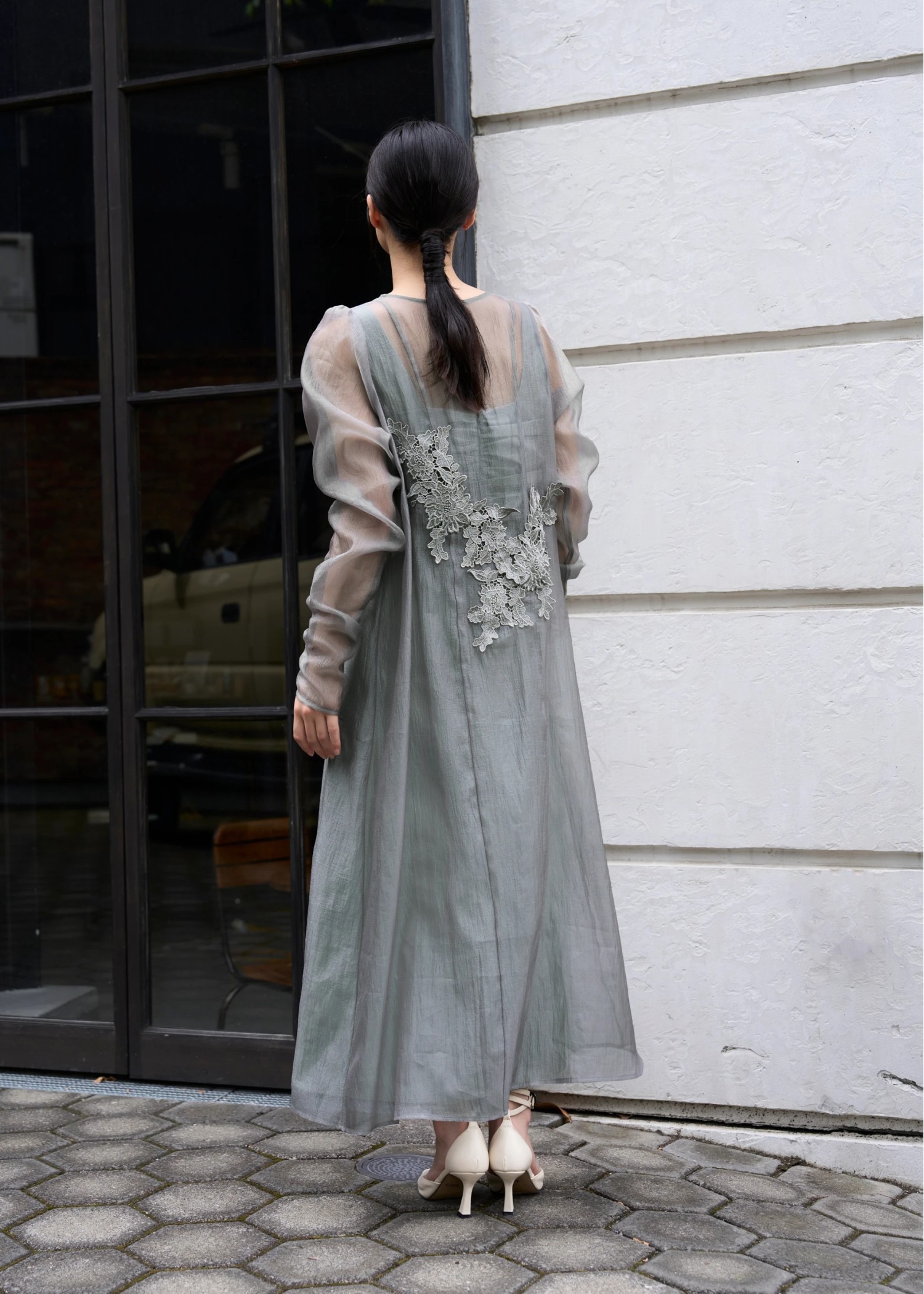 sheer motif lace OP & gather breast tank OP SET