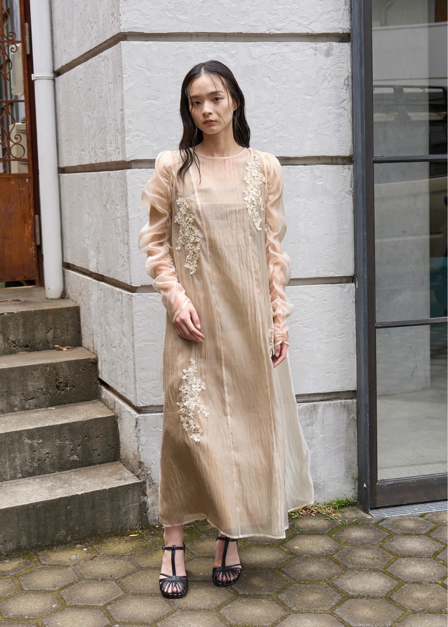 sheer motif lace OP & gather breast tank OP SET