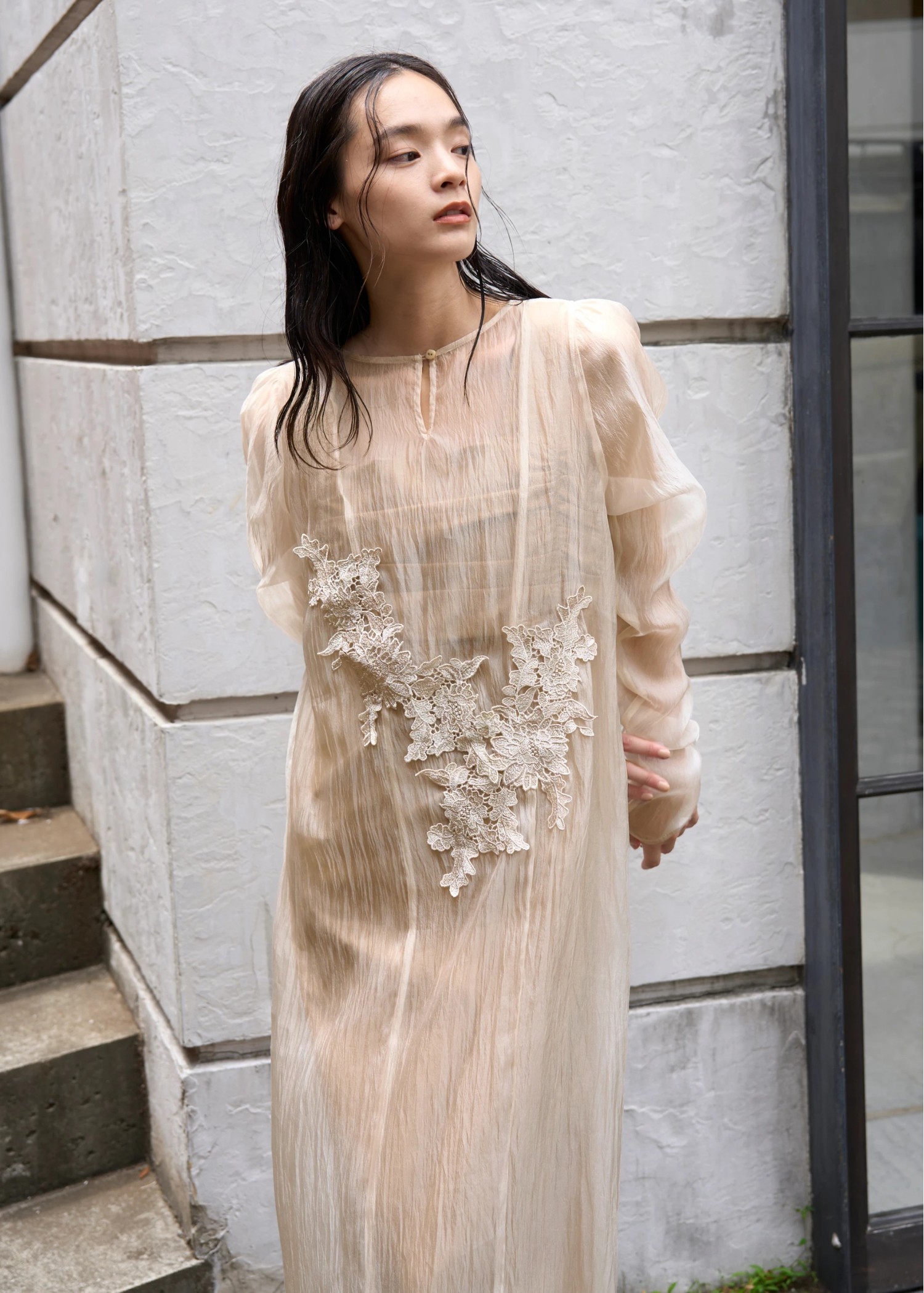 sheer motif lace OP & gather breast tank OP SET