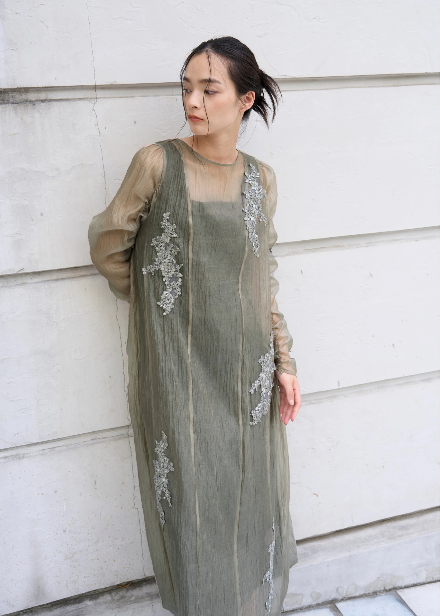 sheer motif lace OP & gather breast tank OP SET