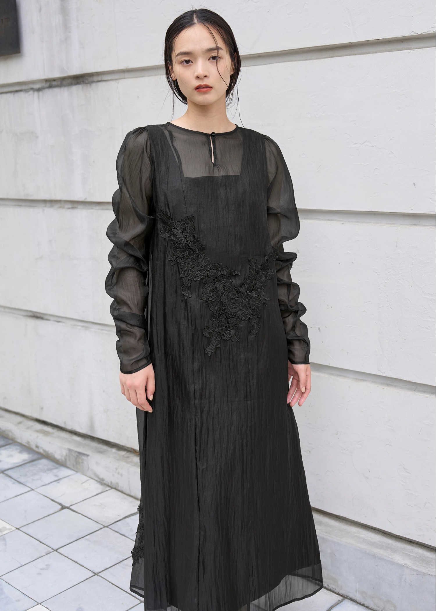 sheer motif lace OP & gather breast tank OP SET