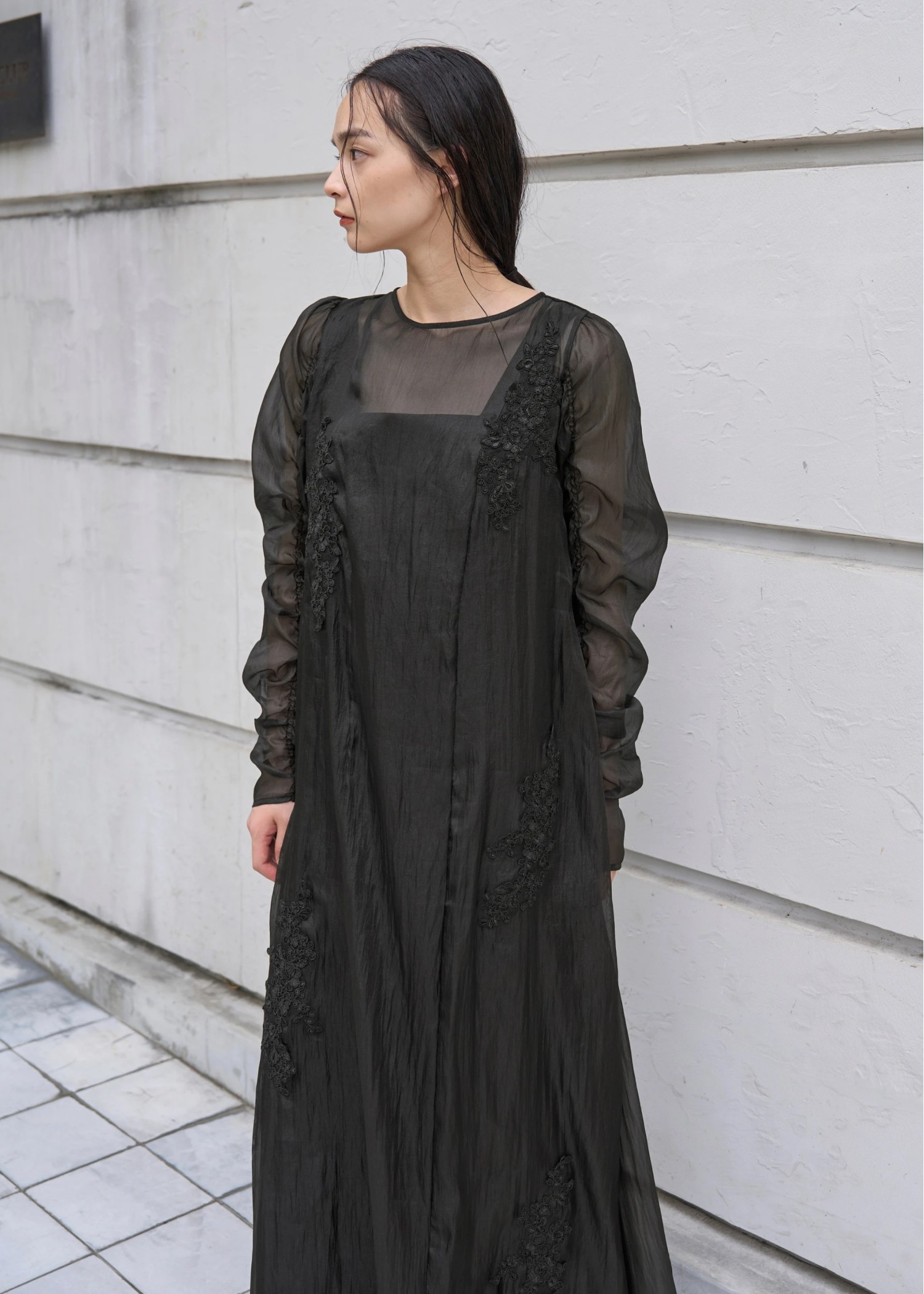 sheer motif lace OP & gather breast tank OP SET