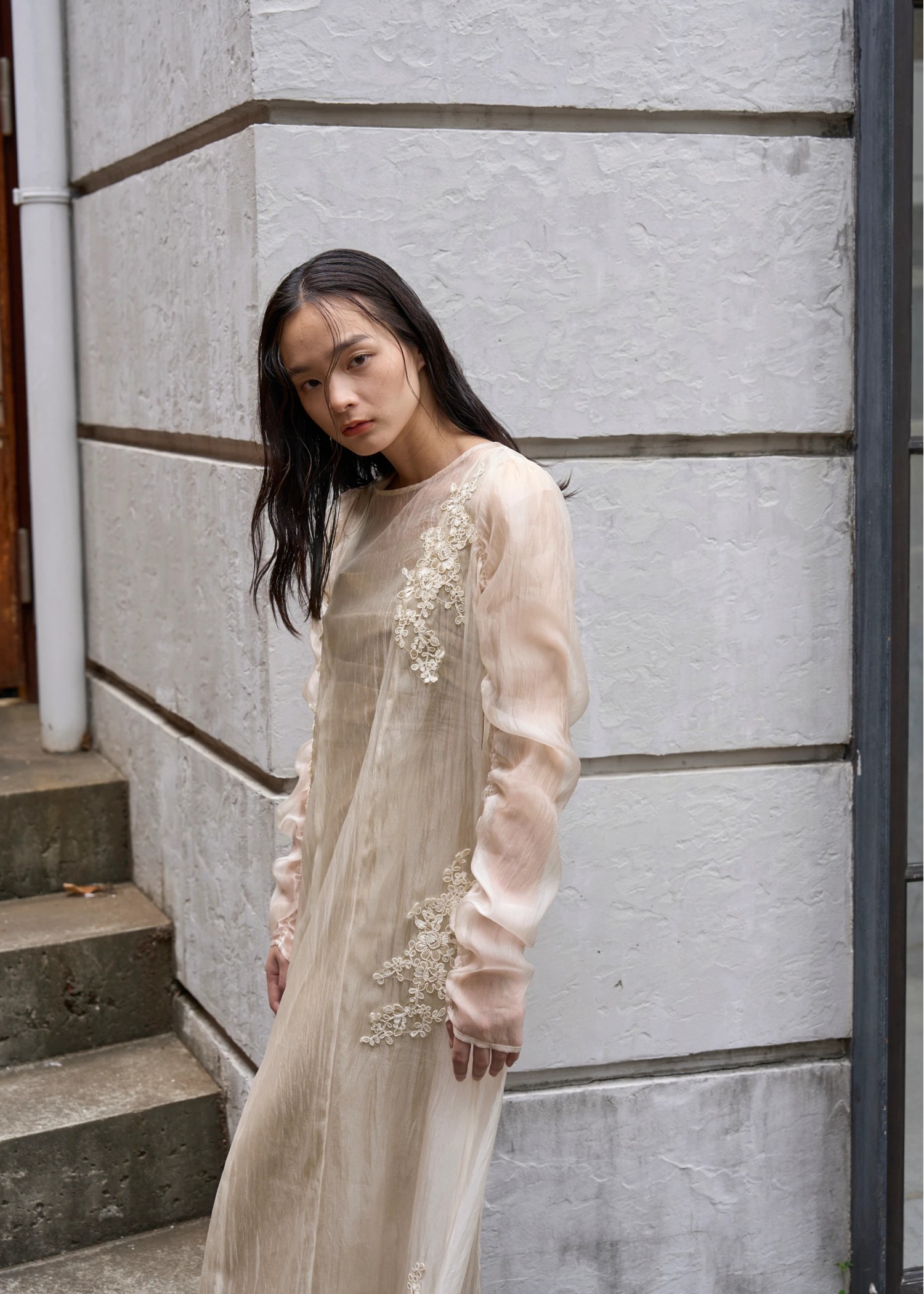 sheer motif lace OP & gather breast tank OP SET