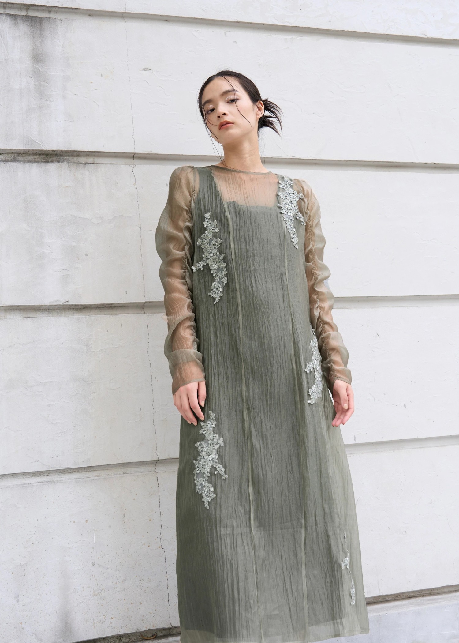 sheer motif lace OP & gather breast tank OP SET