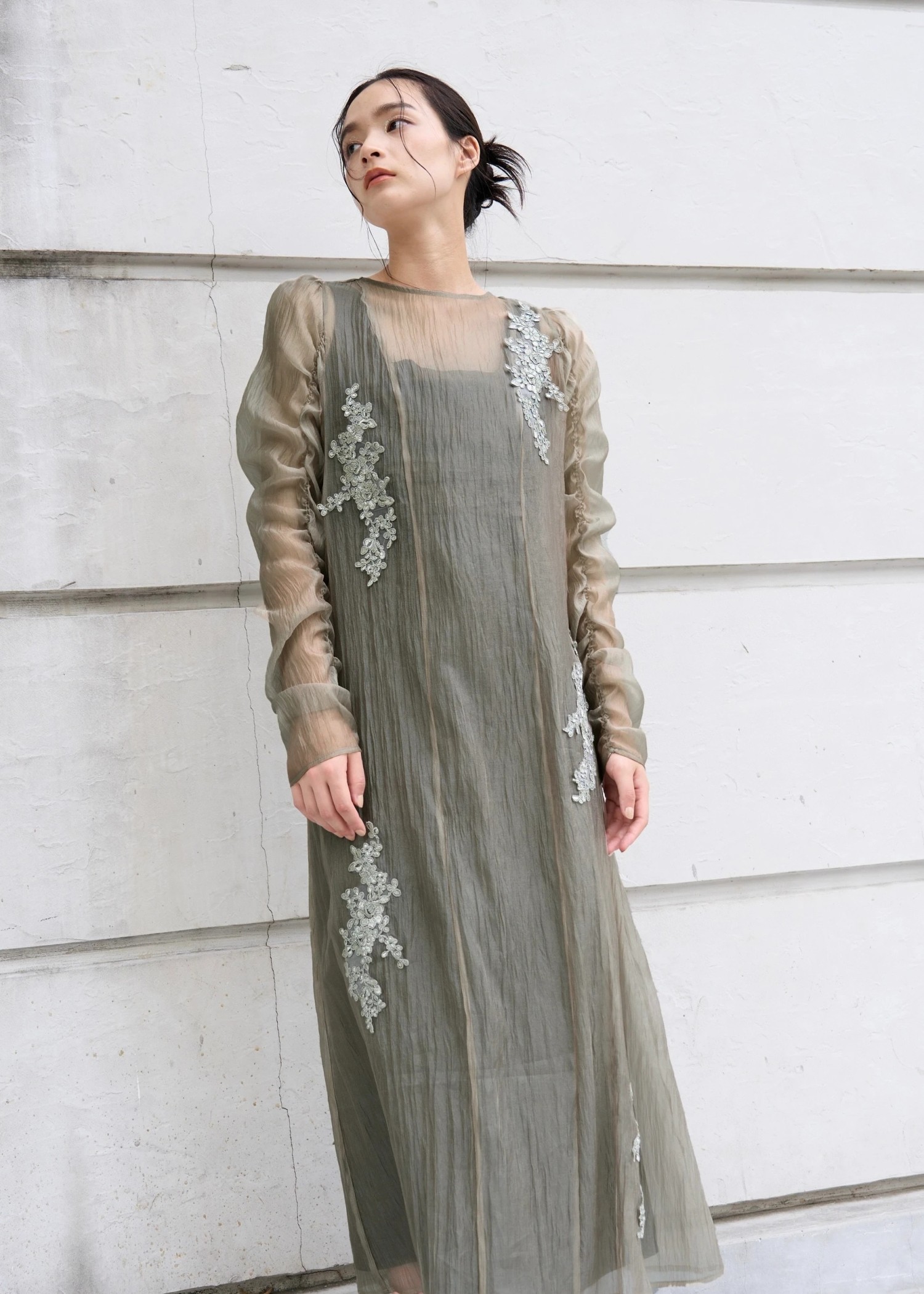 sheer motif lace OP & gather breast tank OP SET