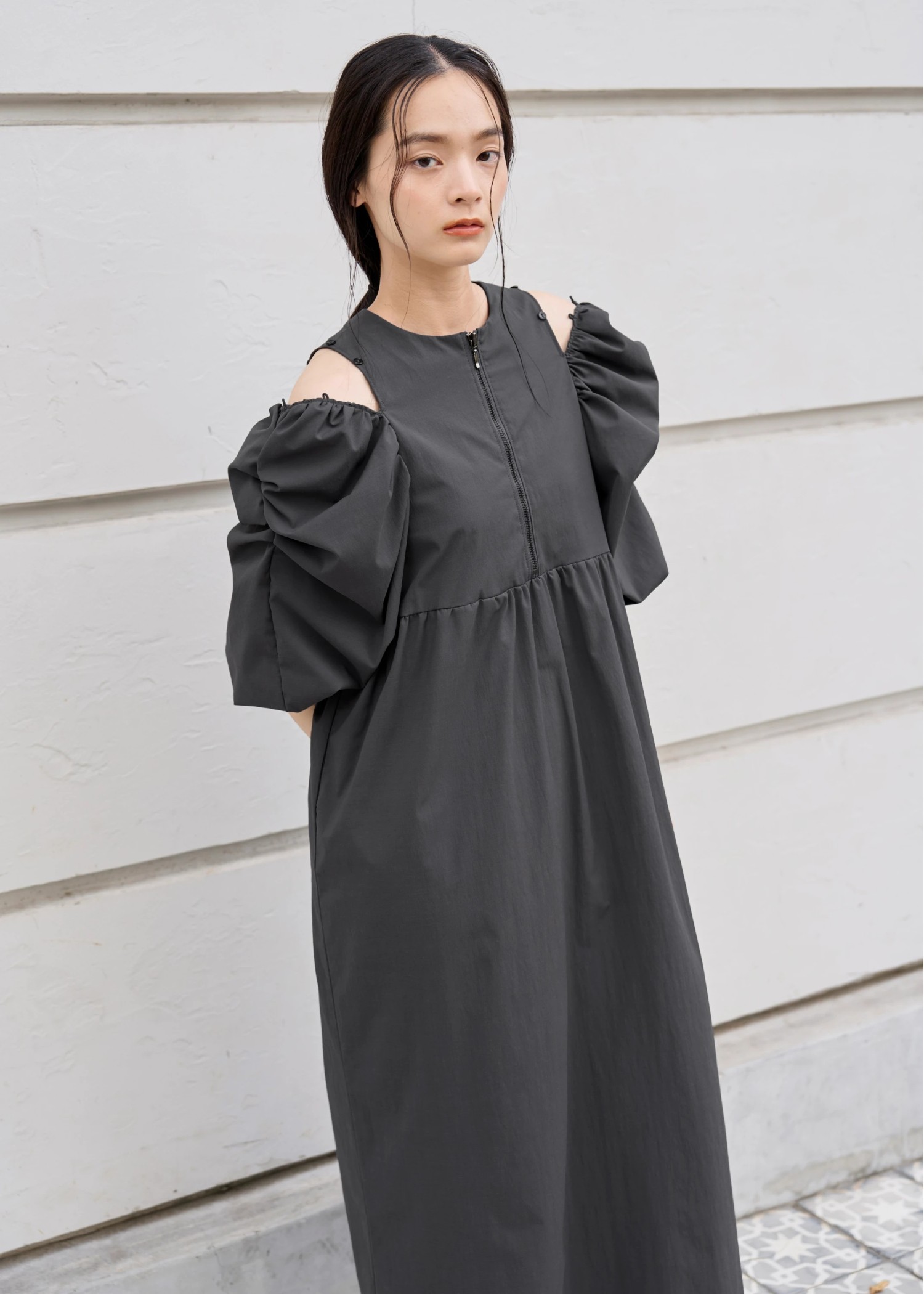 volume gather half sleeve open shoulder OP