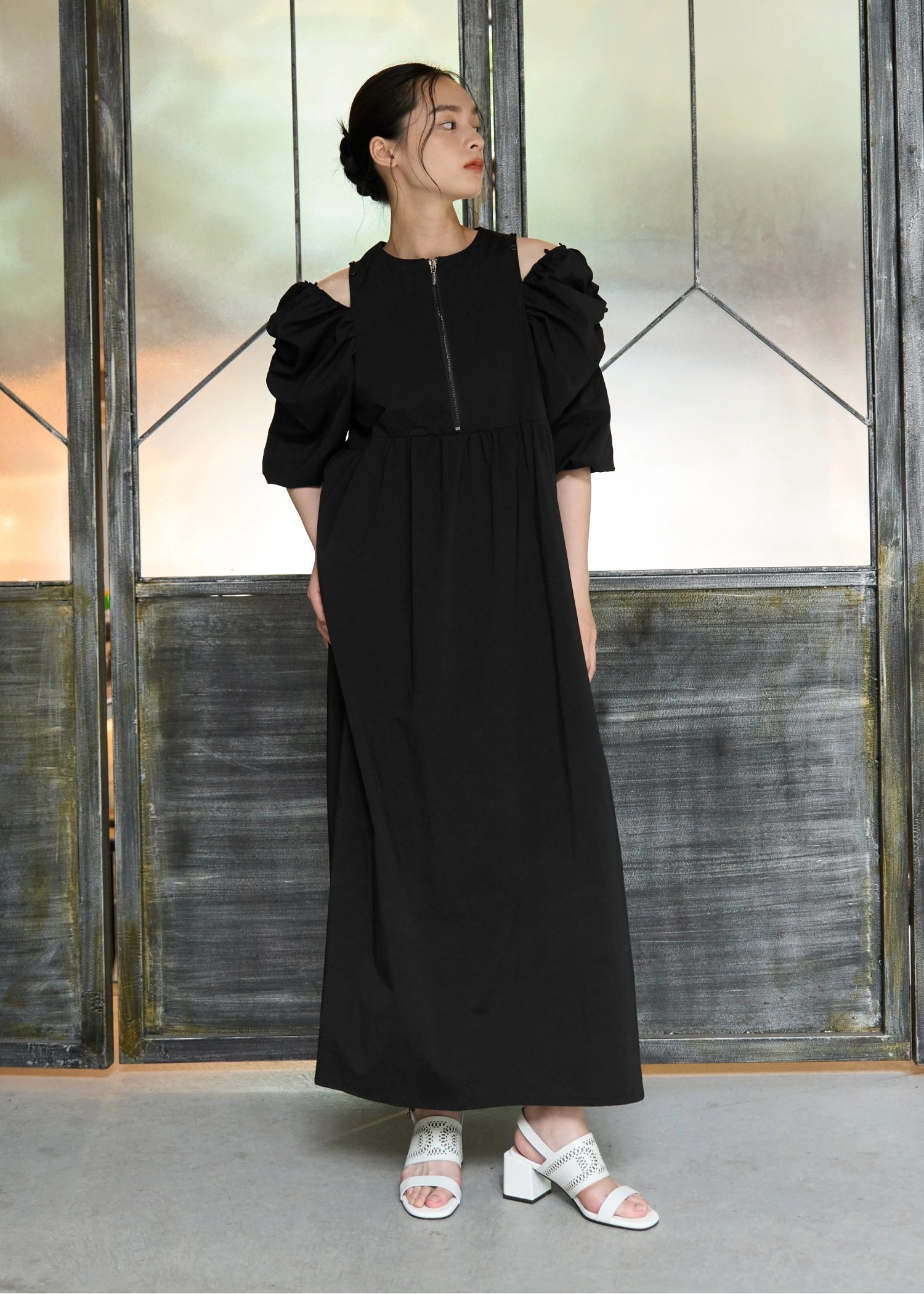 volume gather half sleeve open shoulder OP