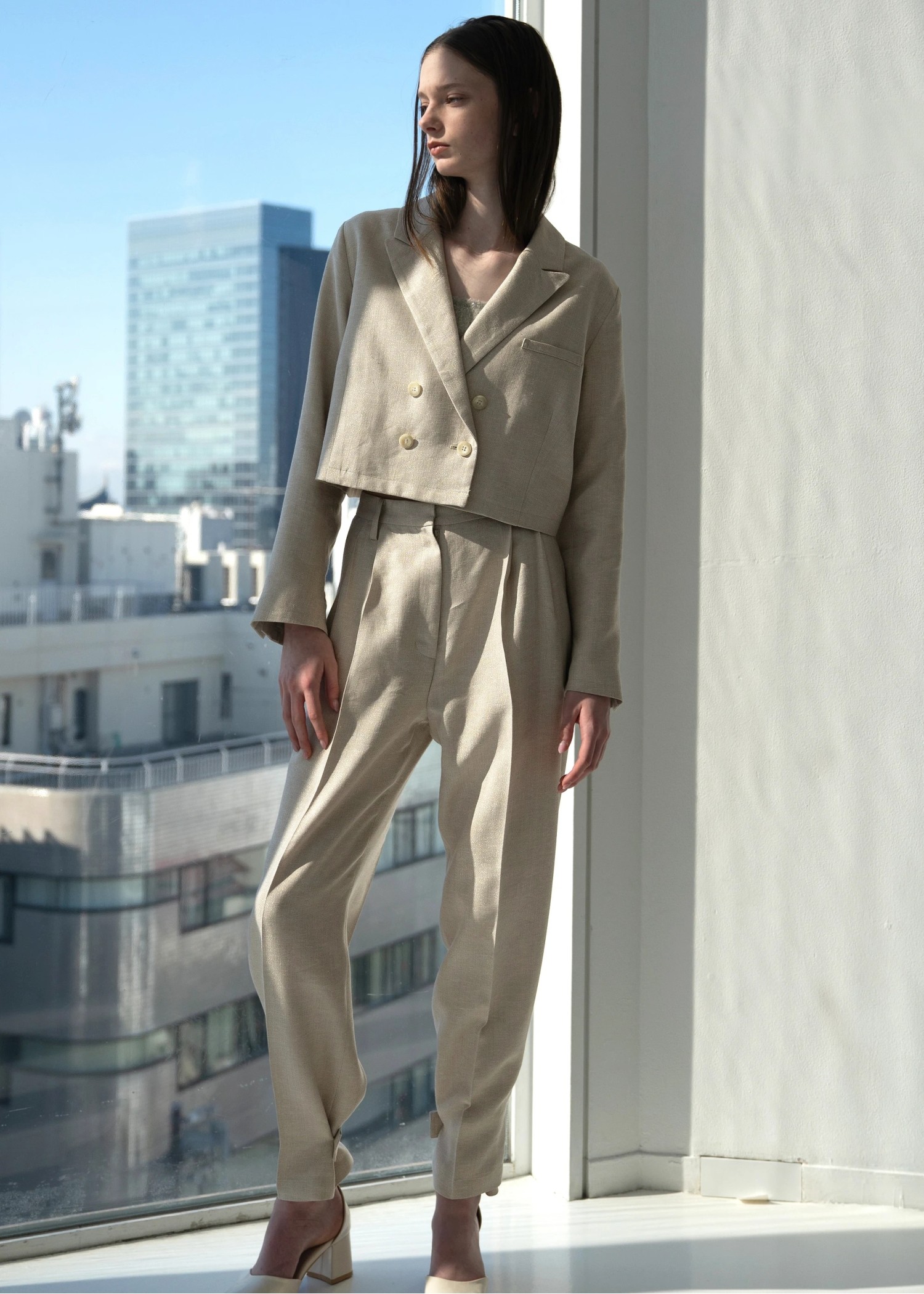 short lame linen twill peaked lapel JK