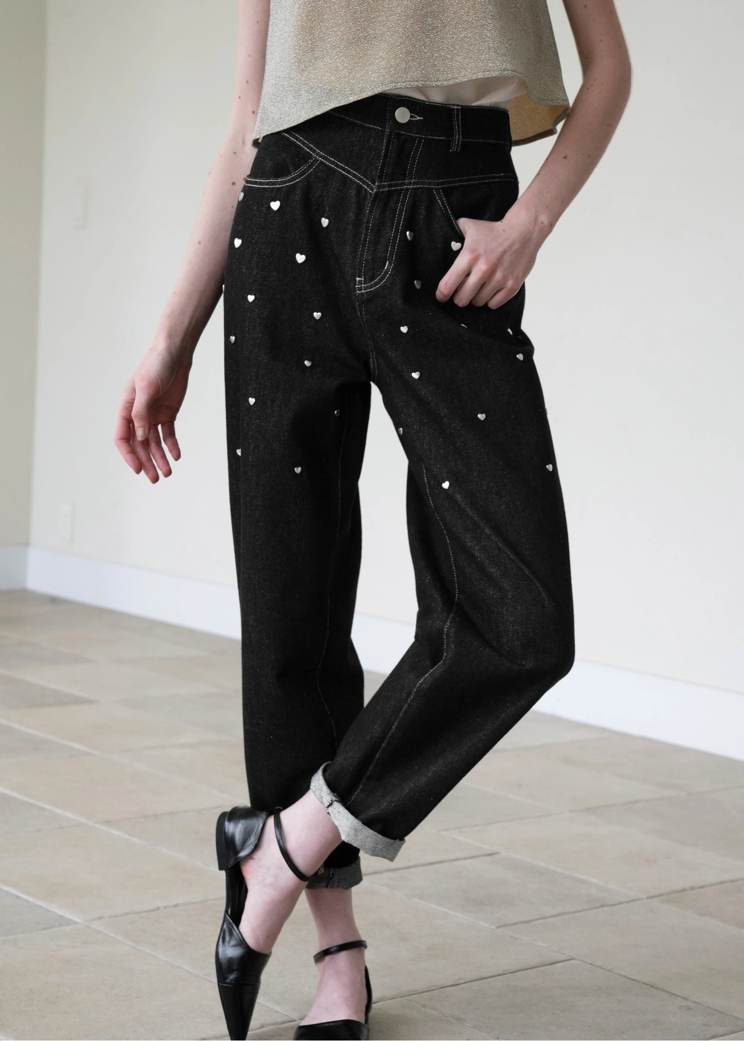 heart rivet & embroidery denim PT