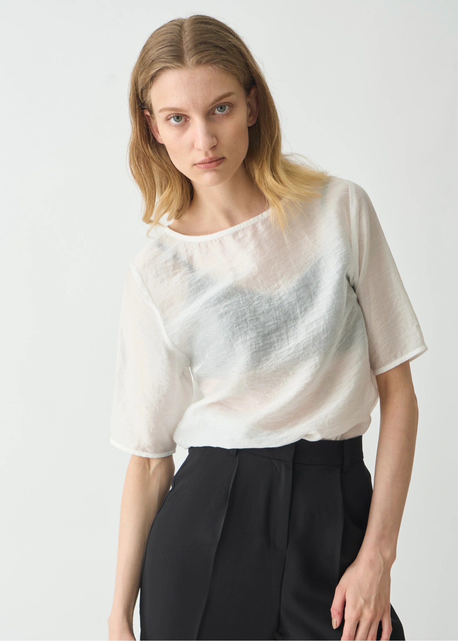half sleeve boat neck sheer tops