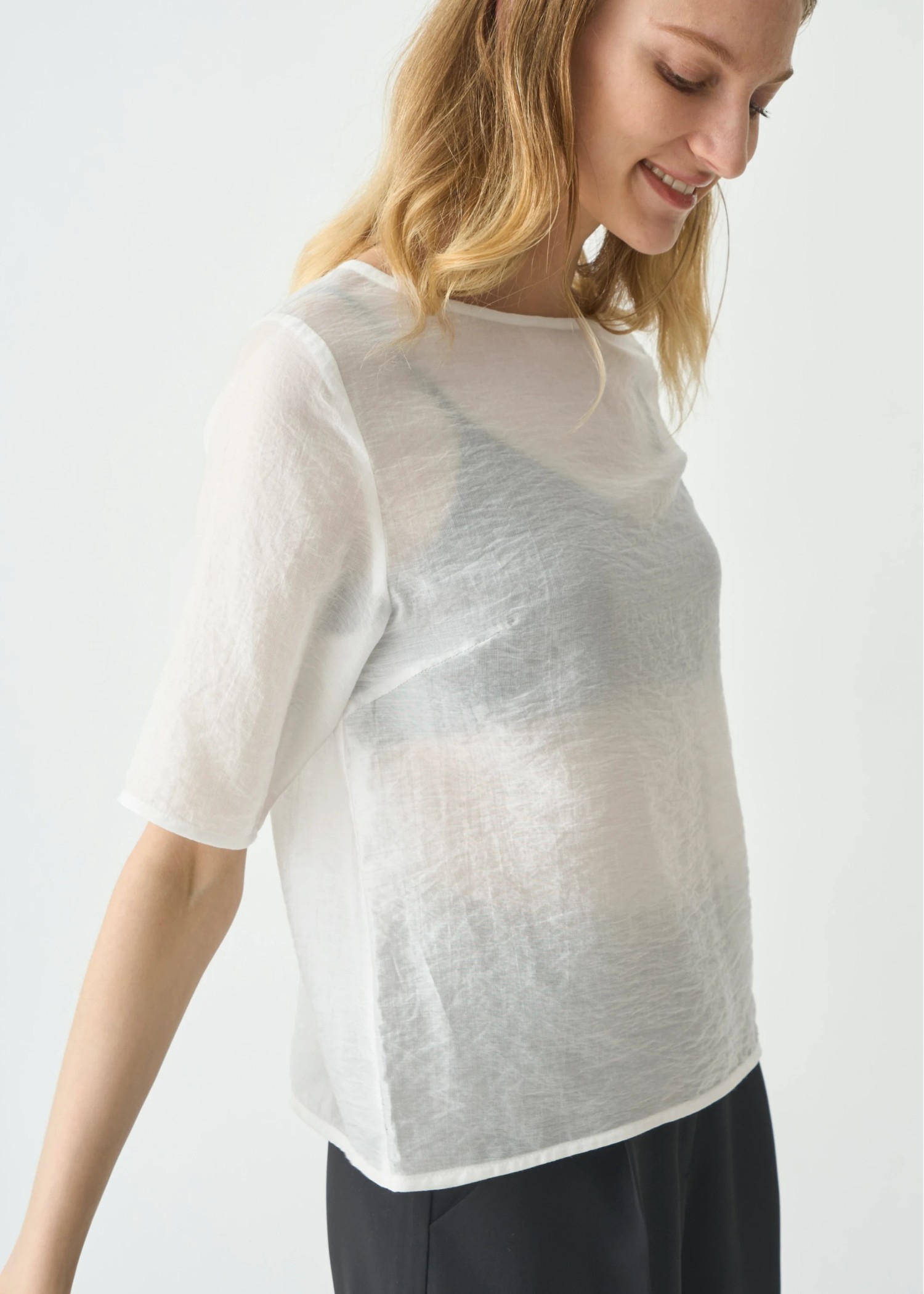 half sleeve boat neck sheer tops