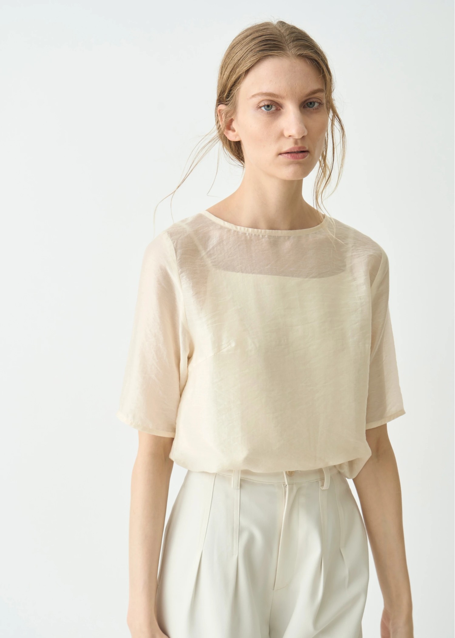 half sleeve boat neck sheer tops