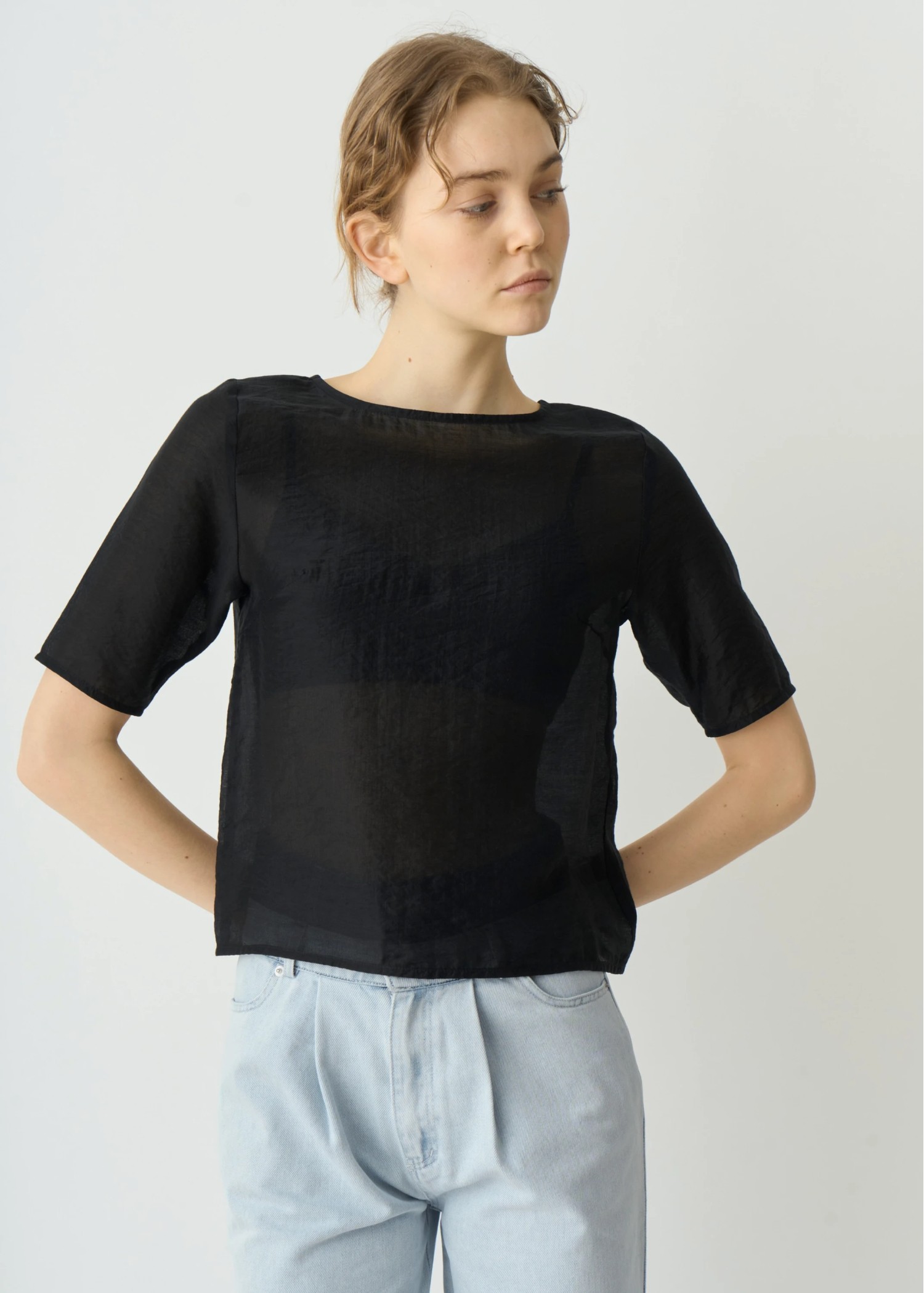half sleeve boat neck sheer tops