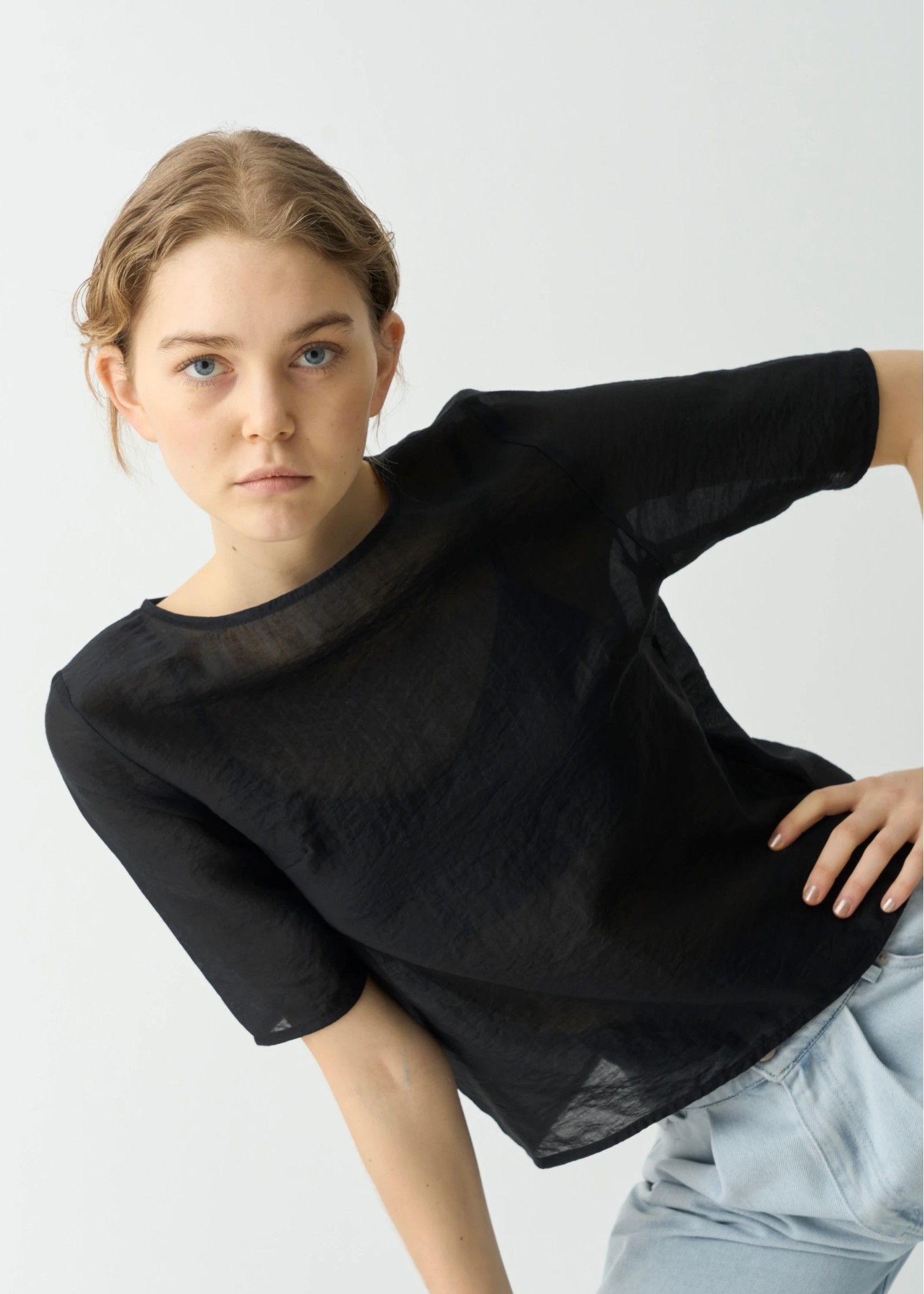 half sleeve boat neck sheer tops