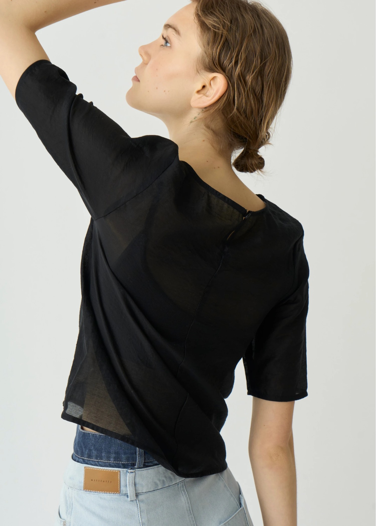 half sleeve boat neck sheer tops