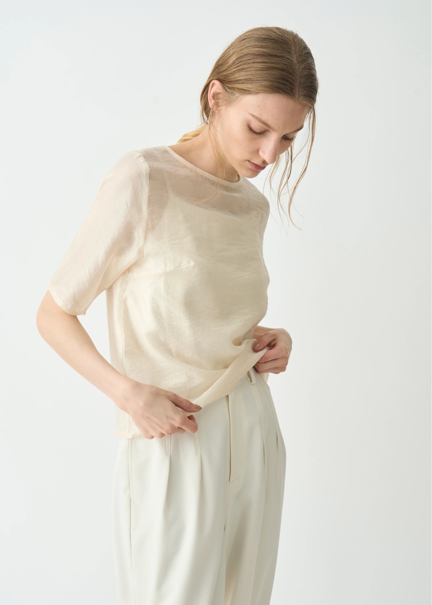 half sleeve boat neck sheer tops