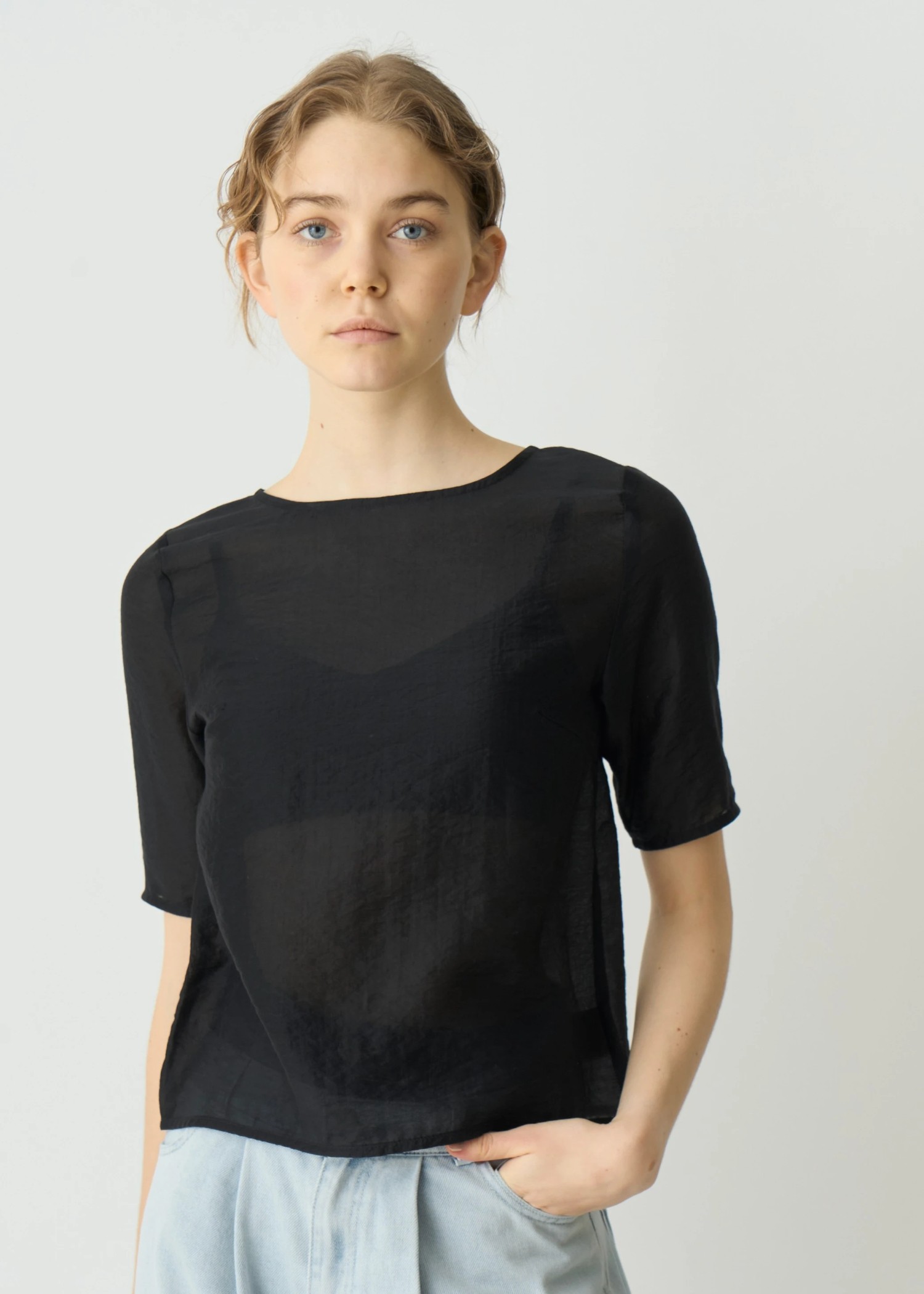 half sleeve boat neck sheer tops